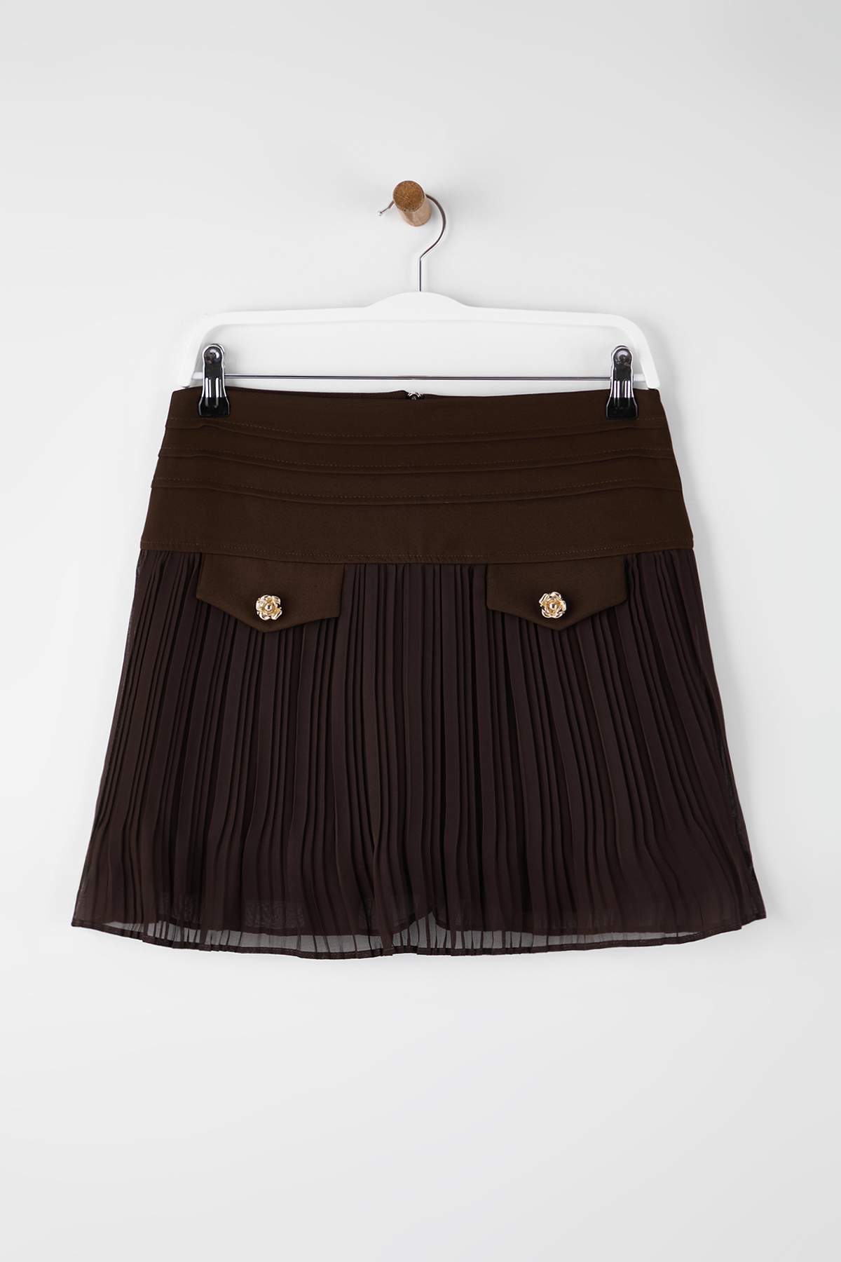 Trendyolmilla  Kahverengi Astarlı Piliseli Dokuma Mini Şifon Etek TWOAW26ET00055 - Görsel 6