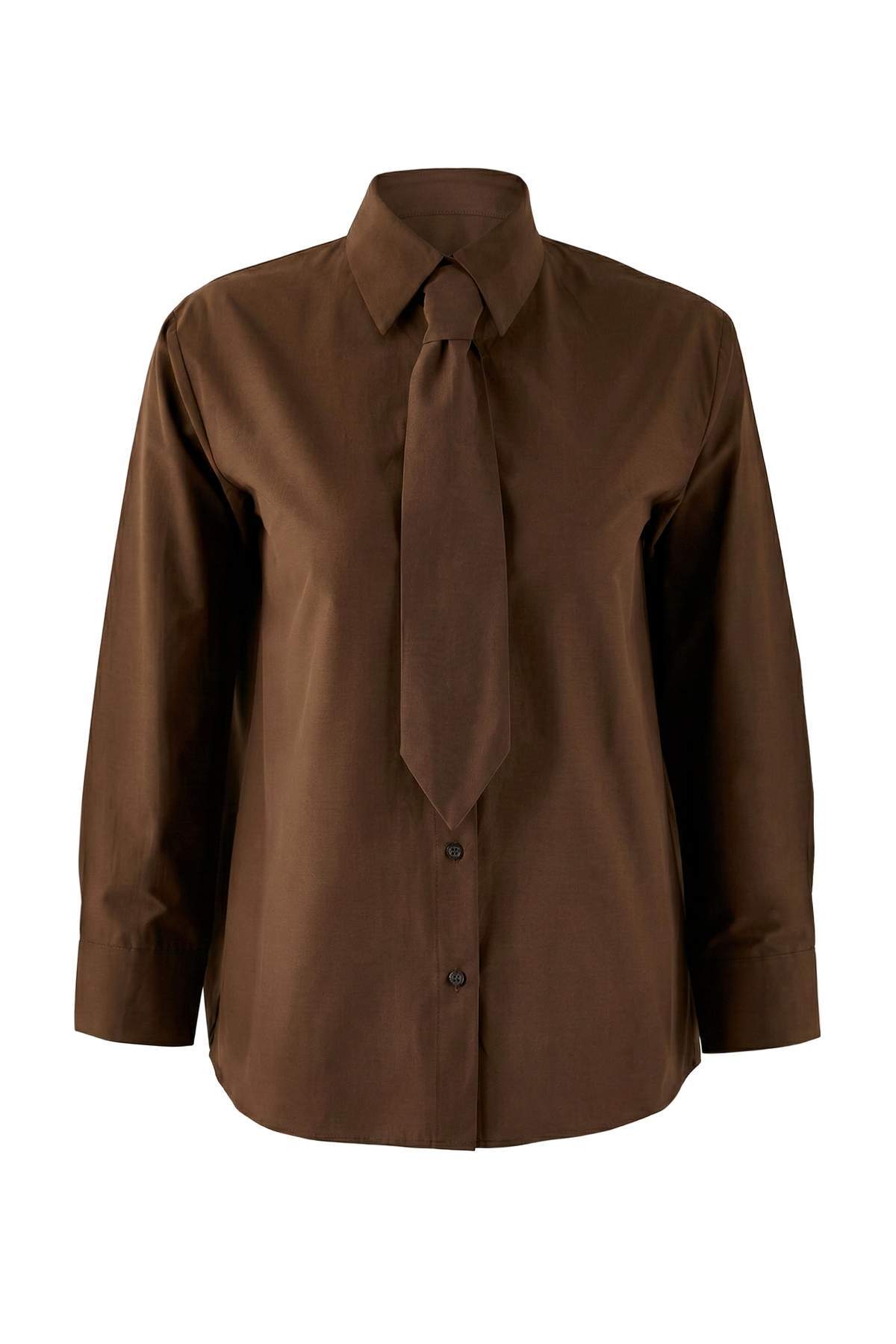 Trendyolmilla  Kahverengi Kravatlı Geniş Kesim Gömlek TWOAW26GO00142 - Görsel 5