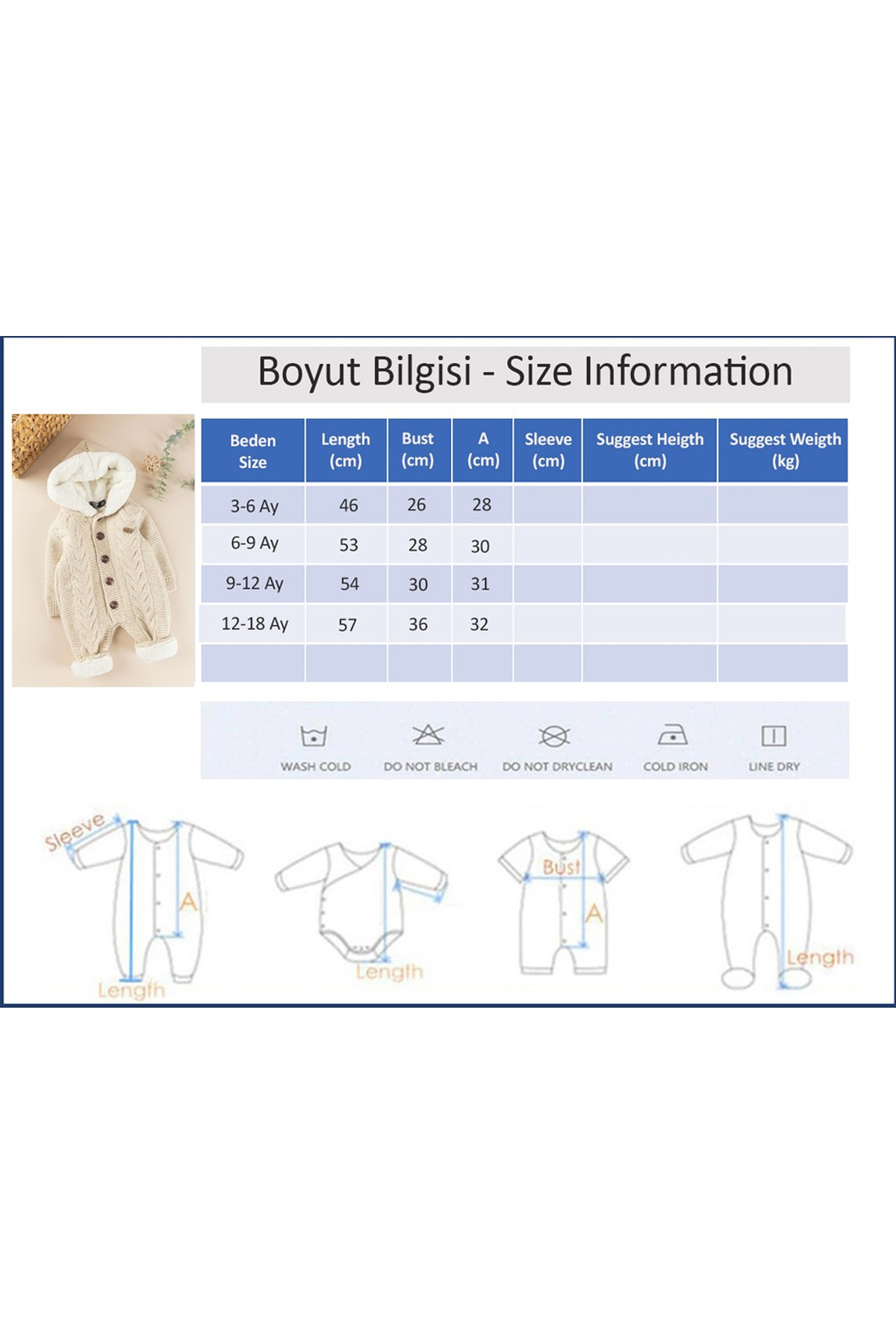 Babymod Triko Örme Welsoft Astarlı Kapüşonlu Kışlık Bebek Tulum fotoğrafı 7 (önizleme)