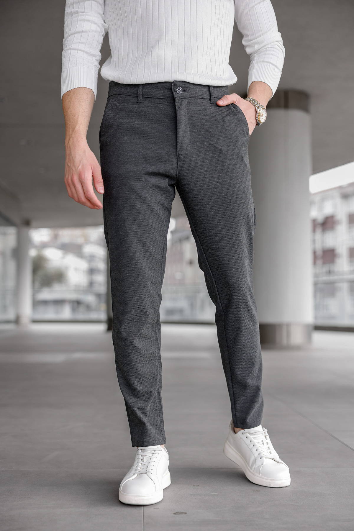 Ser Joven  Erkek Slim Fit Koyu Antrasit Likralı Keten Pantolon - Görsel 4