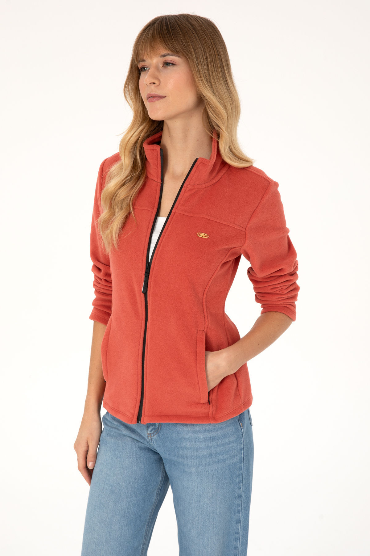 U.S. Polo Assn.  Kadın Kiremit Fermuarlı Dik Yaka Polar Sweatshirt 50316729-VR026 - Görsel 3