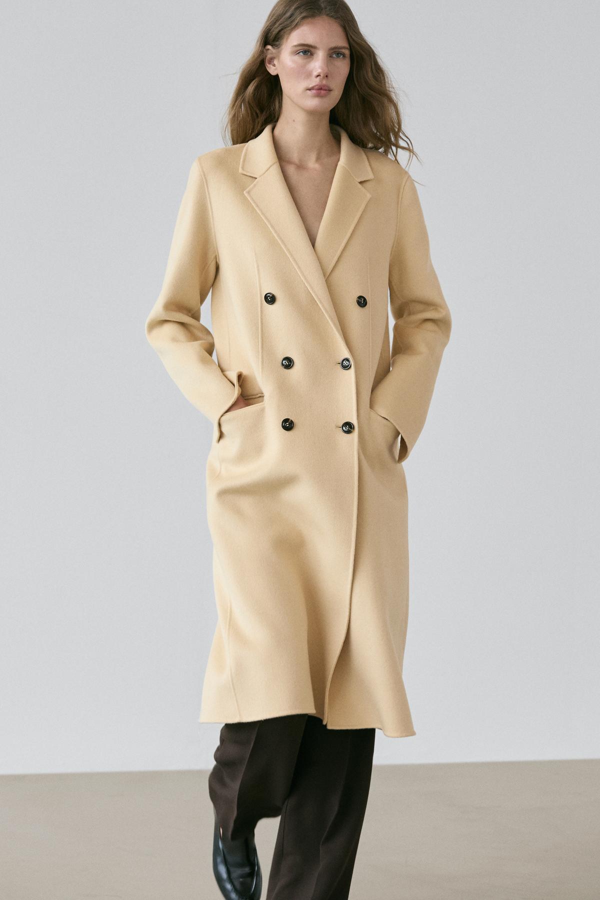 Massimo Dutti  Uzun yün karışımlı kruvaze palto - Görsel 4