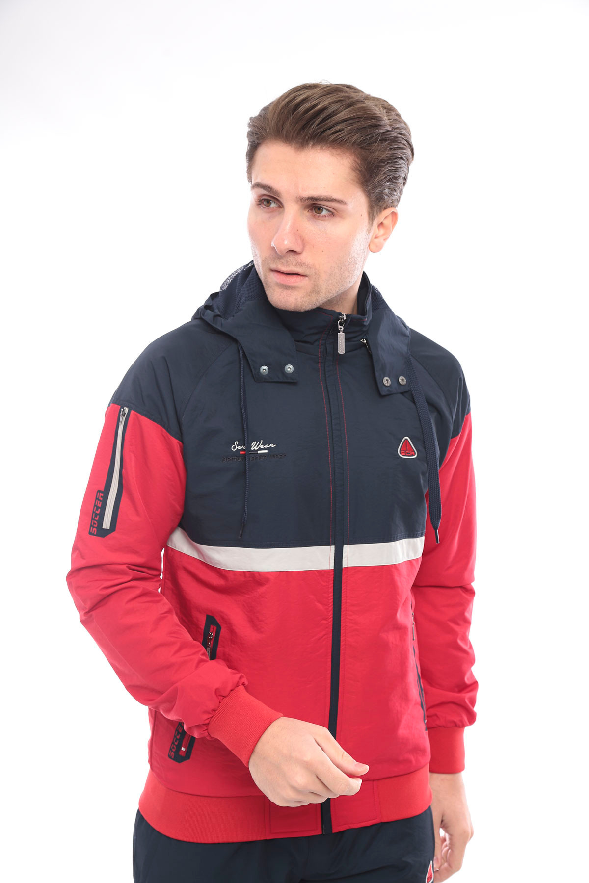 ست لباس ورزشی مردانه کلاهدار جداشونده پارچه نخی Twill 4354 — قرمز — تصویر 9 از 9