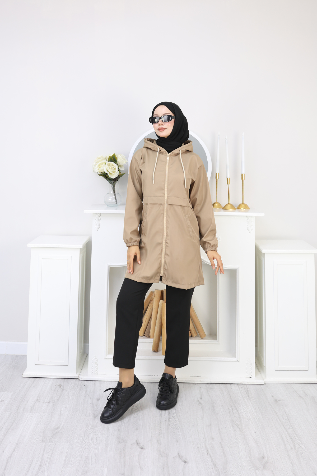 Atelier Lina  Kapüşonlu Fermuarlı Yağmurluk Trençkot - Görsel 6