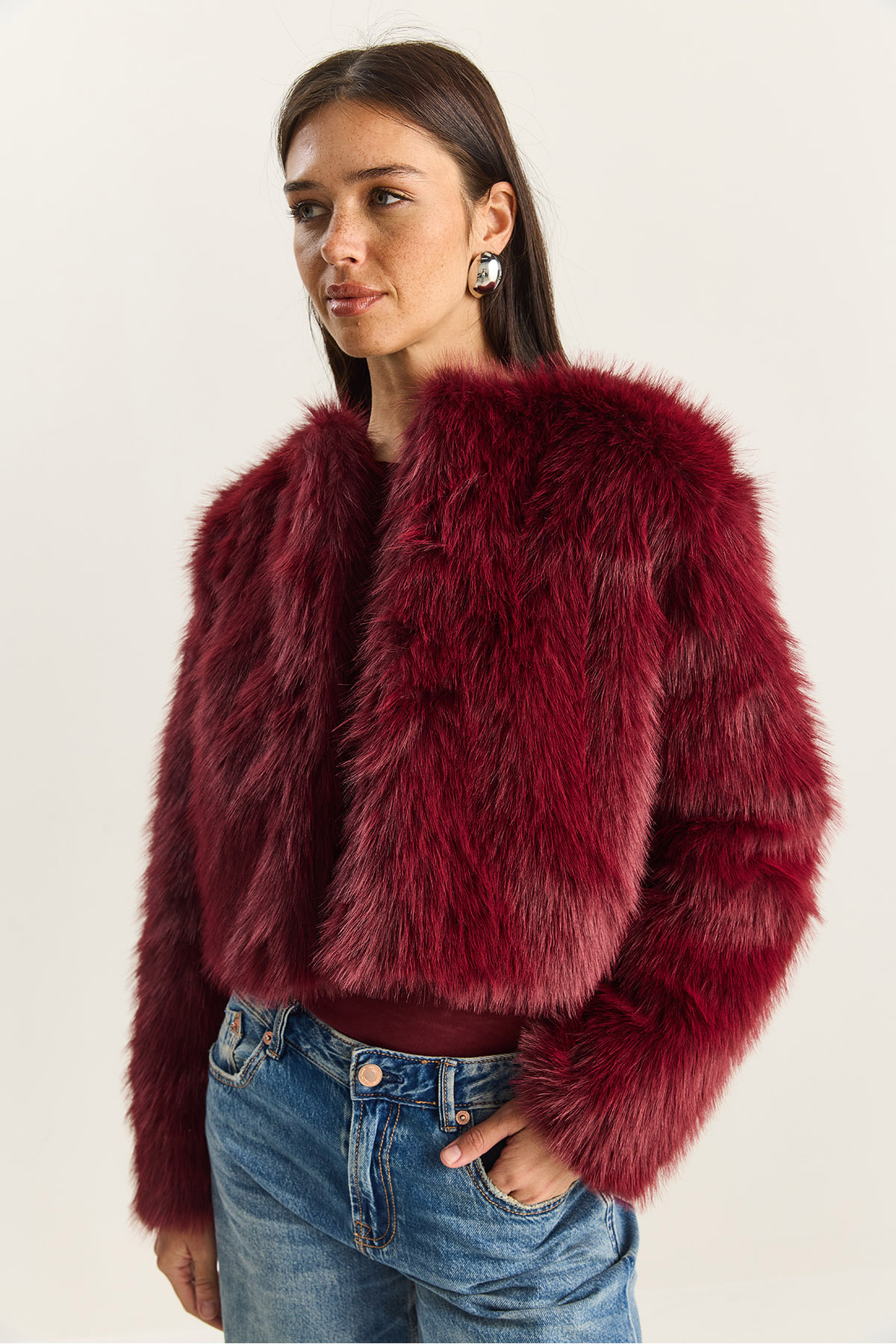 Bianco Lucci Kadın Bordo Suni Kürkllü Astarlı Mont 38119 60251968 görsel 5