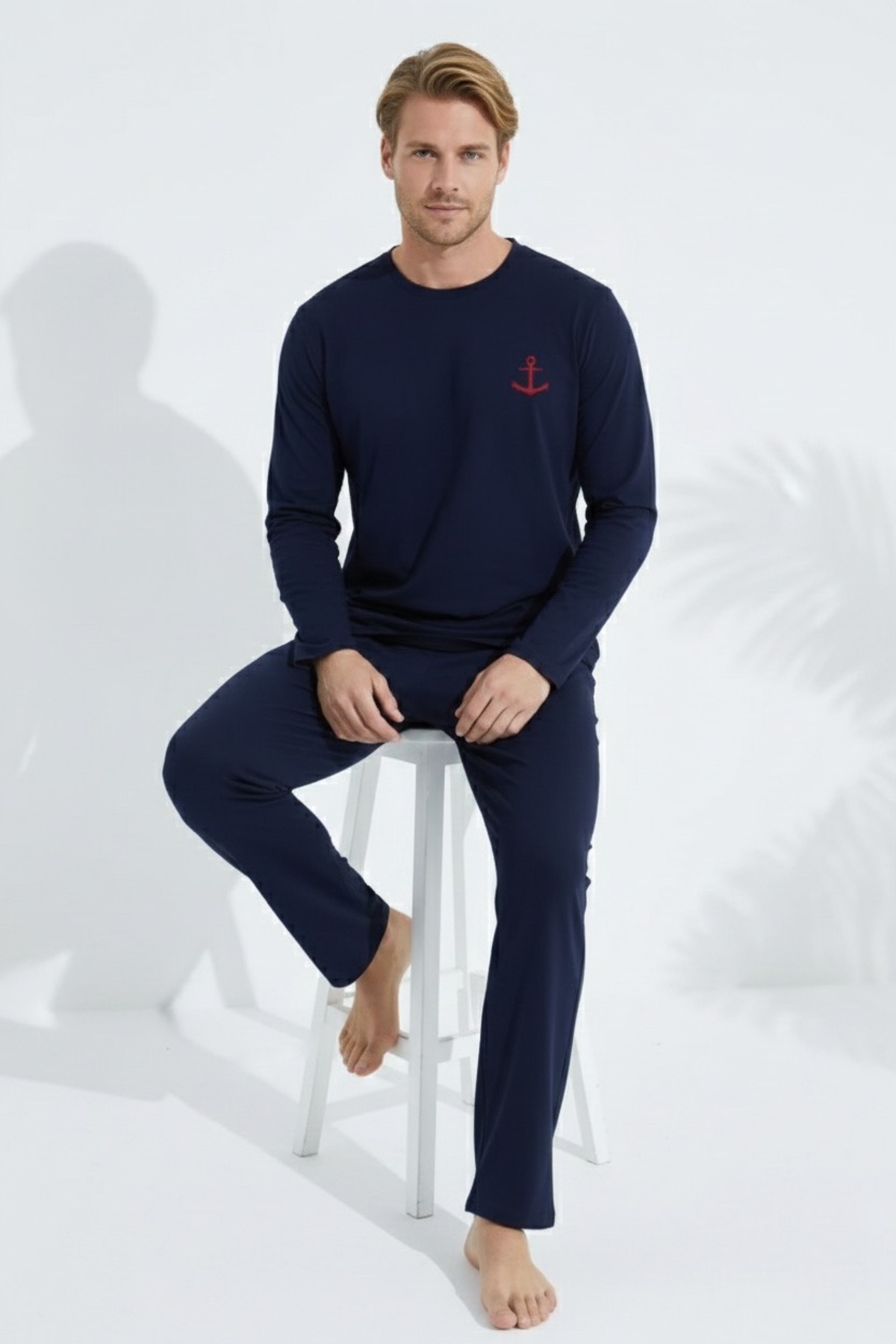 Men's Hoe Navy Blue Long Sleeve Combed Fabric Seasonal Pajamas Set