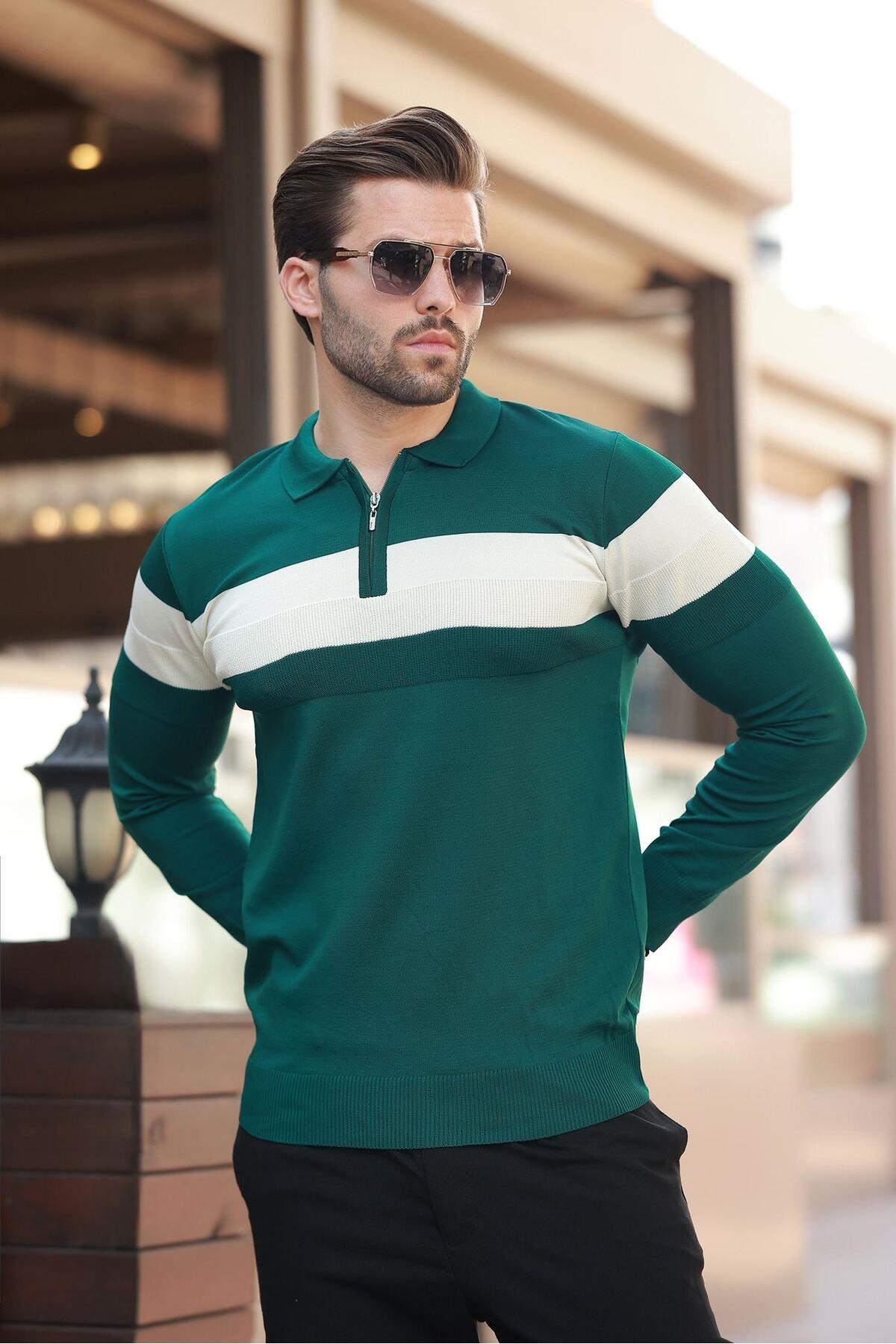 Madmext  Yeşil Fermuarlı Polo Yaka Çizgili Uzun Kollu Kazak E7288 - Görsel 2