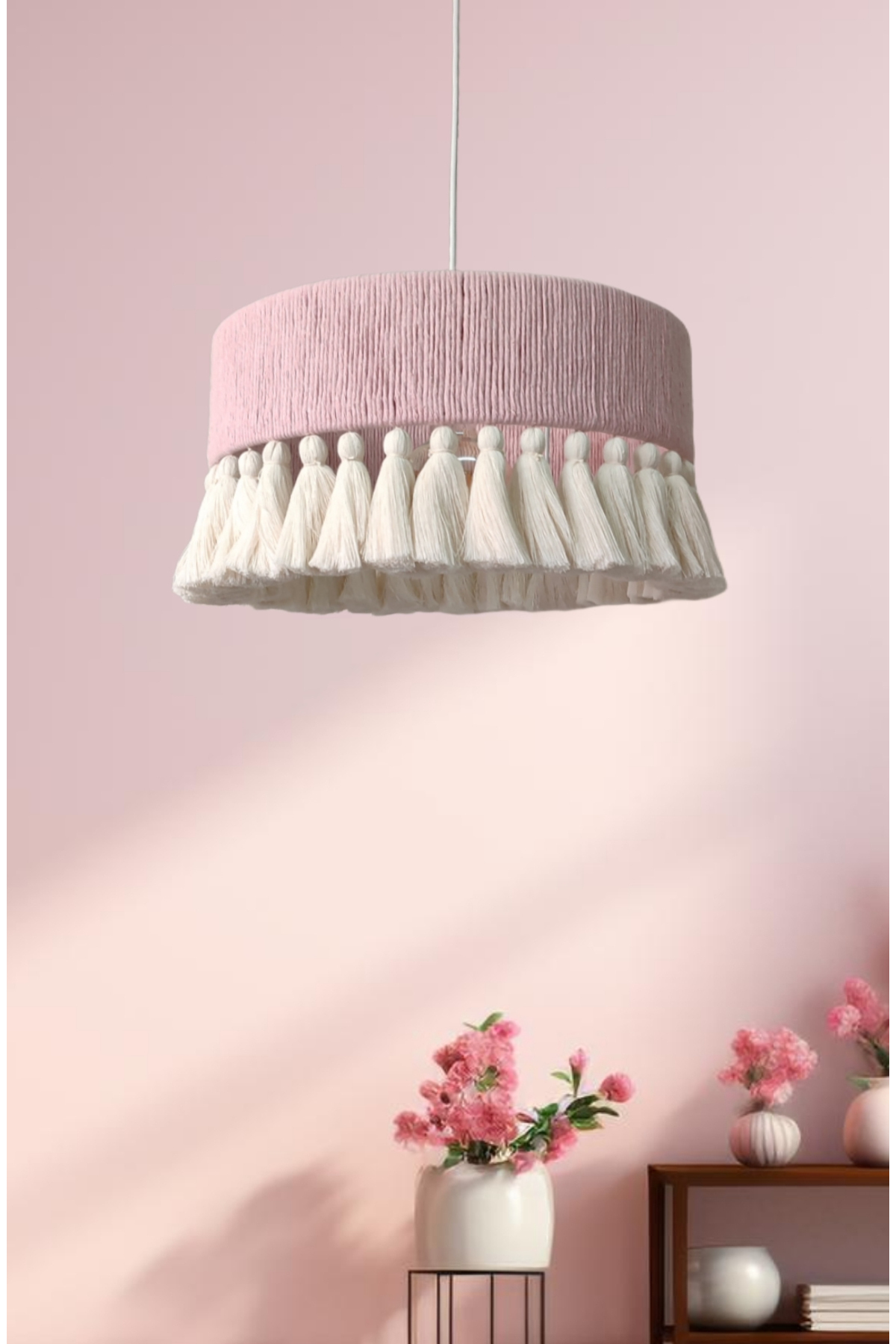 YUTEDEKOR Makrome Pembe Avize – Çocuk Odası, Salon, Yatak Odası, Kafe & Restoran Aydınlatma - 35 cm fotoğrafı 5 (önizleme)