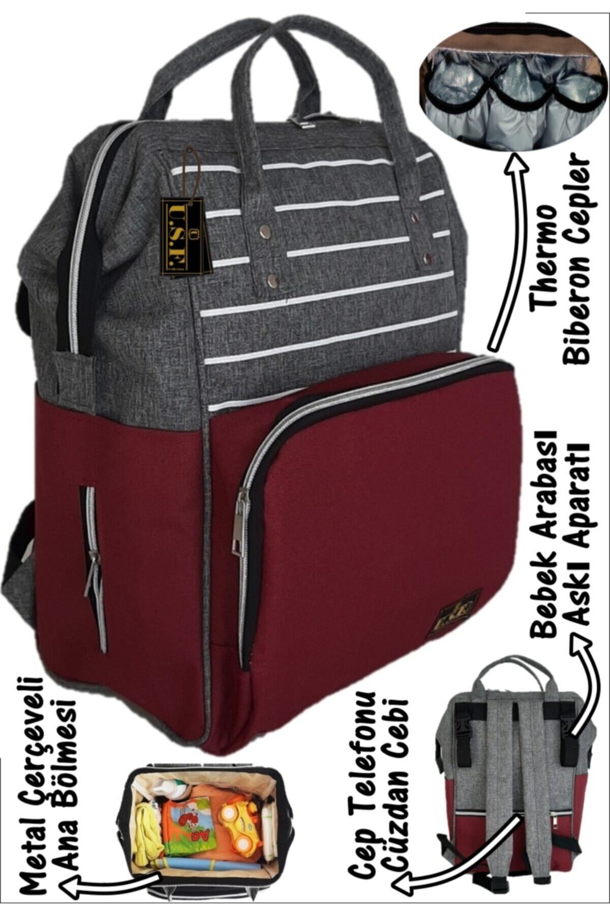 USF Unisex Bordo Gri Çizgili Bebek Bakım Çantası Ve Portbebe Ana Kucağı Puset fotoğrafı 2 (önizleme)