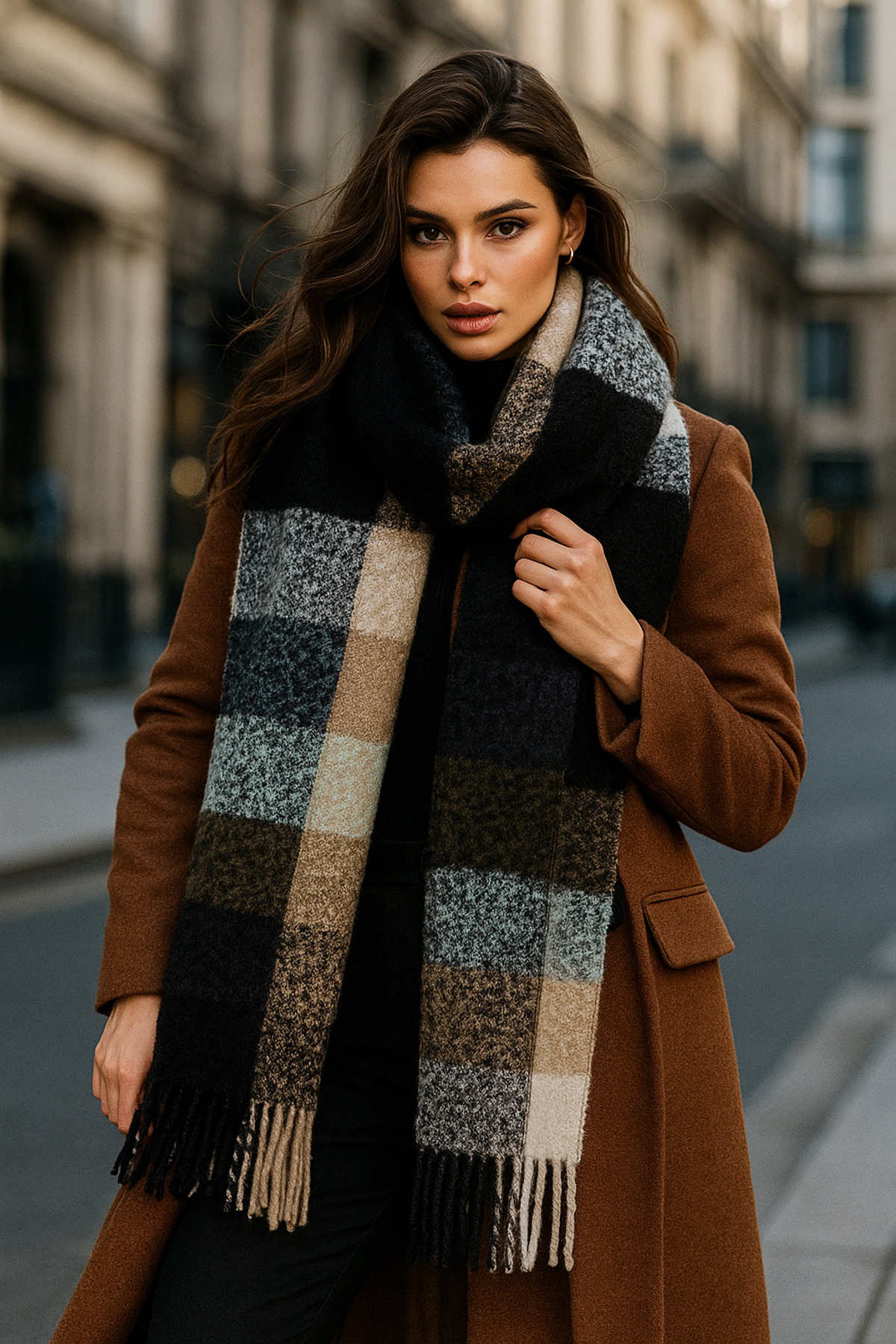 Luminos Butik Siyah Kare Desenli Püsküllü Kalın Sıcak Tutan Şık Kışlık Atkı Sal1292