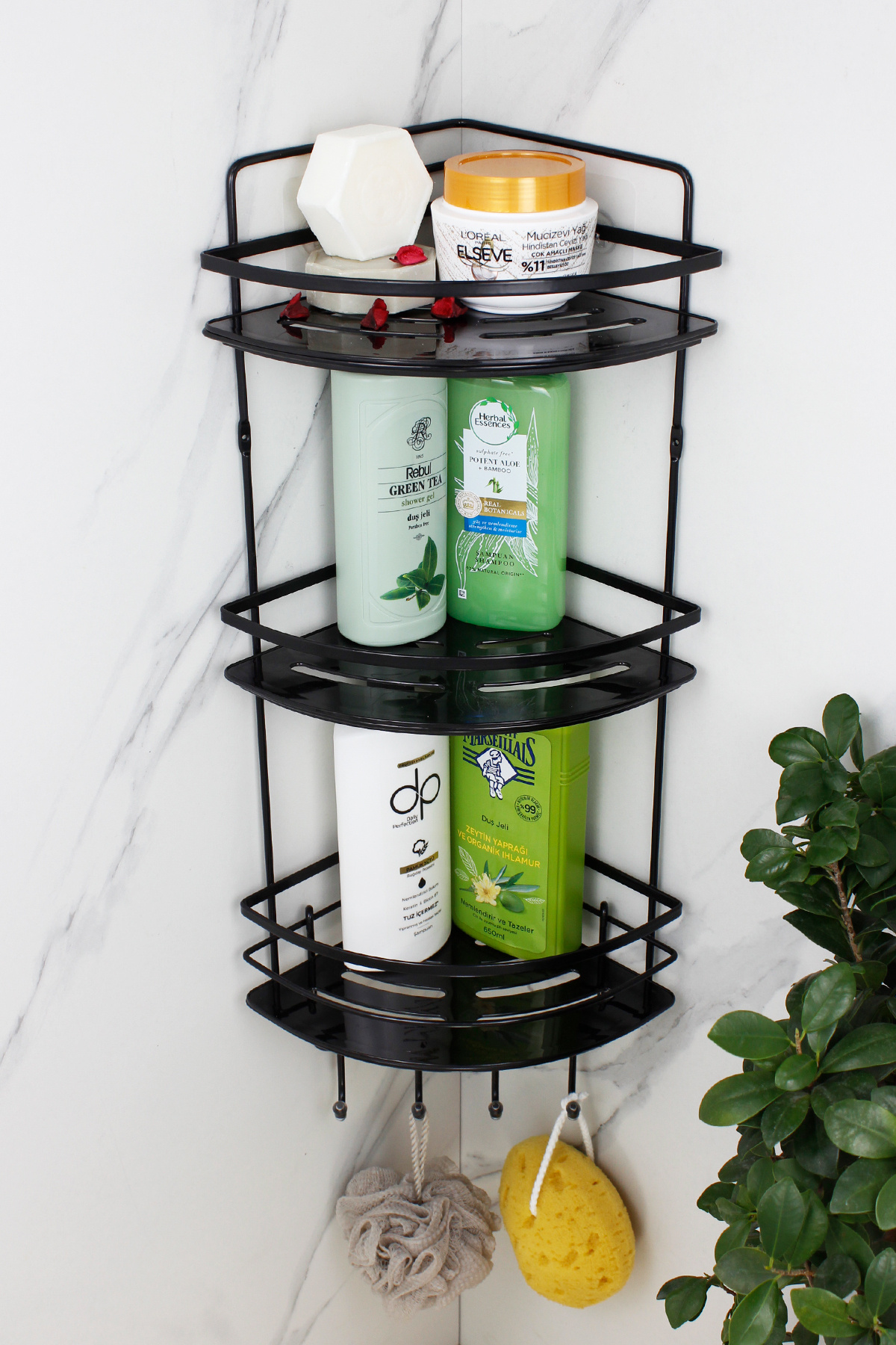 Stainless Black Laminated Triple Shampoo Adhesive Bathroom Organizer Corner Shelf with Crystal Shelf