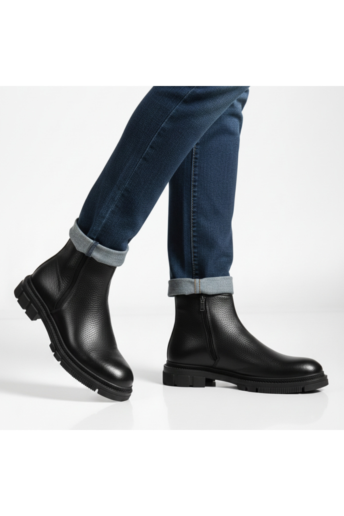 zege shoes  Hakiki Deri Çift Fermuarlı Erkek Kışlık Bot Kaymaz Taban Su Geçirmez Koku Yapmaz Chelsea - Görsel 2