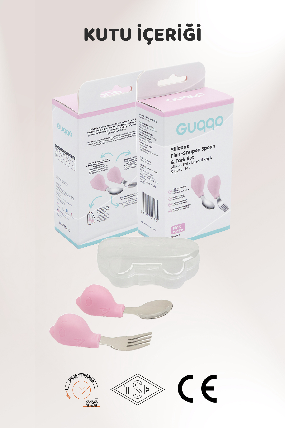 Guqqo Bebek Silikon Saplı Çelik Kaşık Çatal Seti, BLW, Balık Desen, Taşıma Kutulu, Pembe fotoğrafı 6 (önizleme)