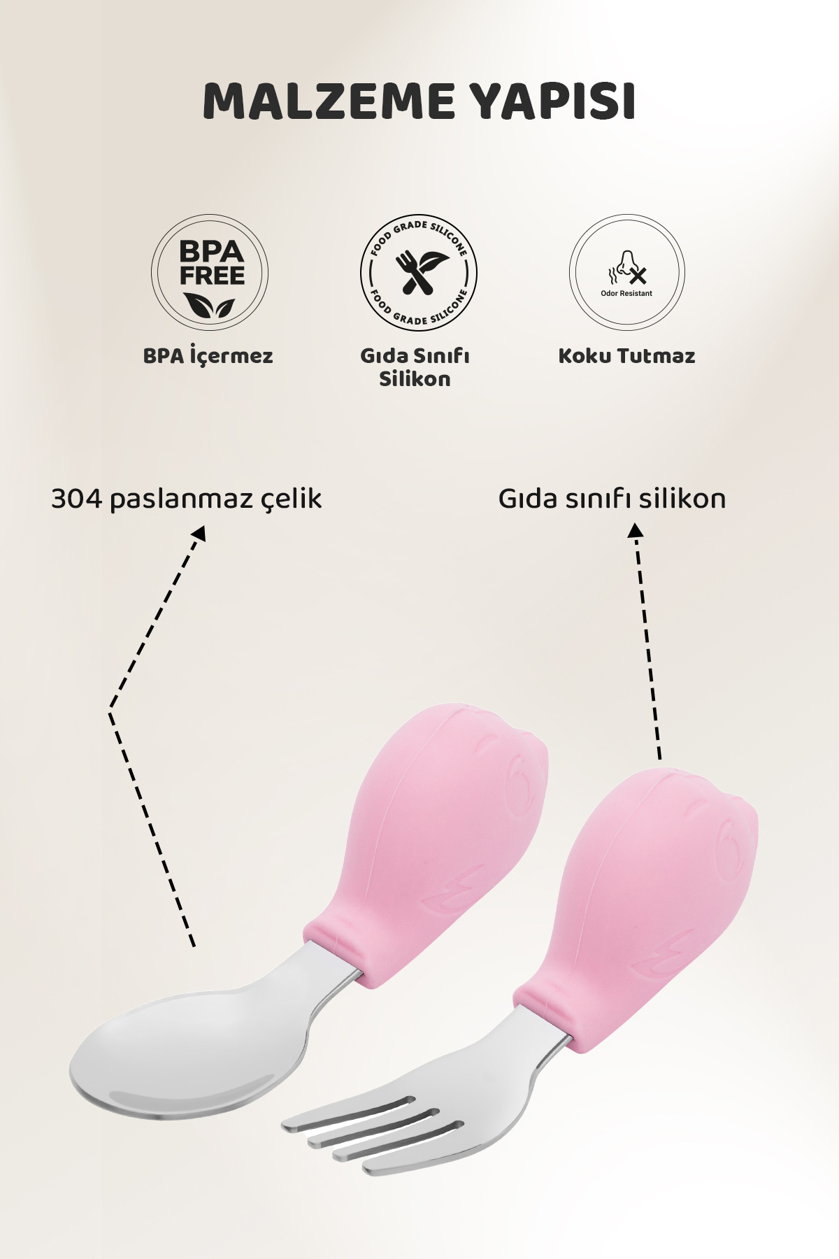 Guqqo Bebek Silikon Saplı Çelik Kaşık Çatal Seti, BLW, Balık Desen, Taşıma Kutulu, Pembe fotoğrafı 3 (önizleme)