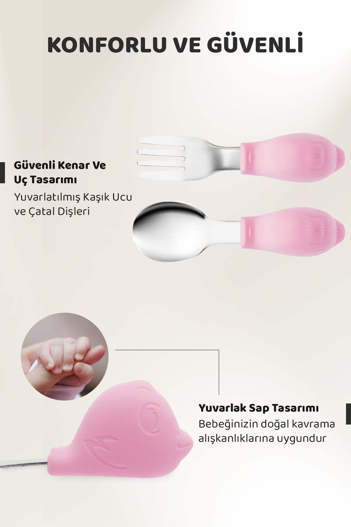 Guqqo Bebek Silikon Saplı Çelik Kaşık Çatal Seti, BLW, Balık Desen, Taşıma Kutulu, Pembe fotoğrafı 2 (önizleme)