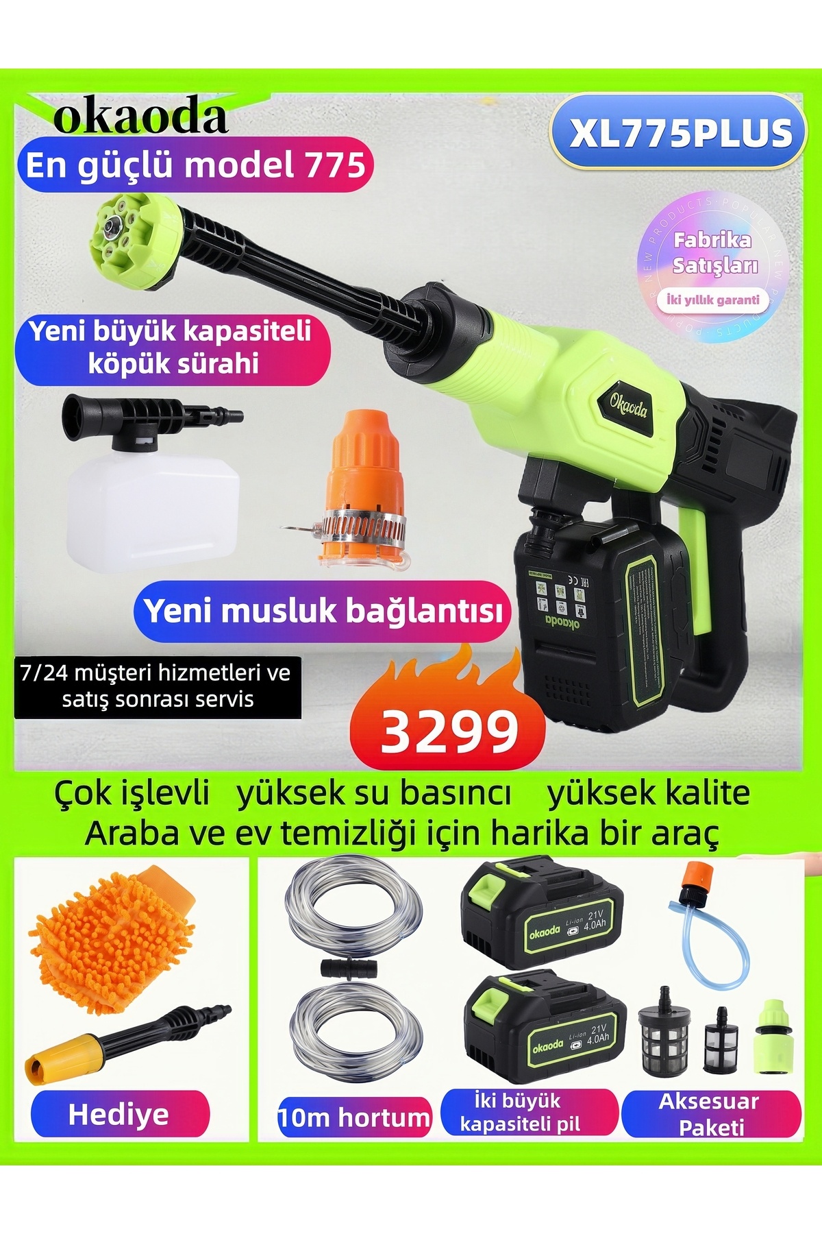 okaoda En güçlü 775motor musluk bağlantısı Oto Araba Bahçe Şarjlı Yüksek Basınç Yikama Tabancasi Makine
