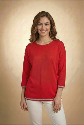 T Guel Kadın Kırmızı Kolu-etek Ucu Simli Fakir Kol Ince Kazak