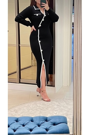 ABBA Yırtmaç Detaylı Fitilli Polo Yaka Trend Siyah Elbise