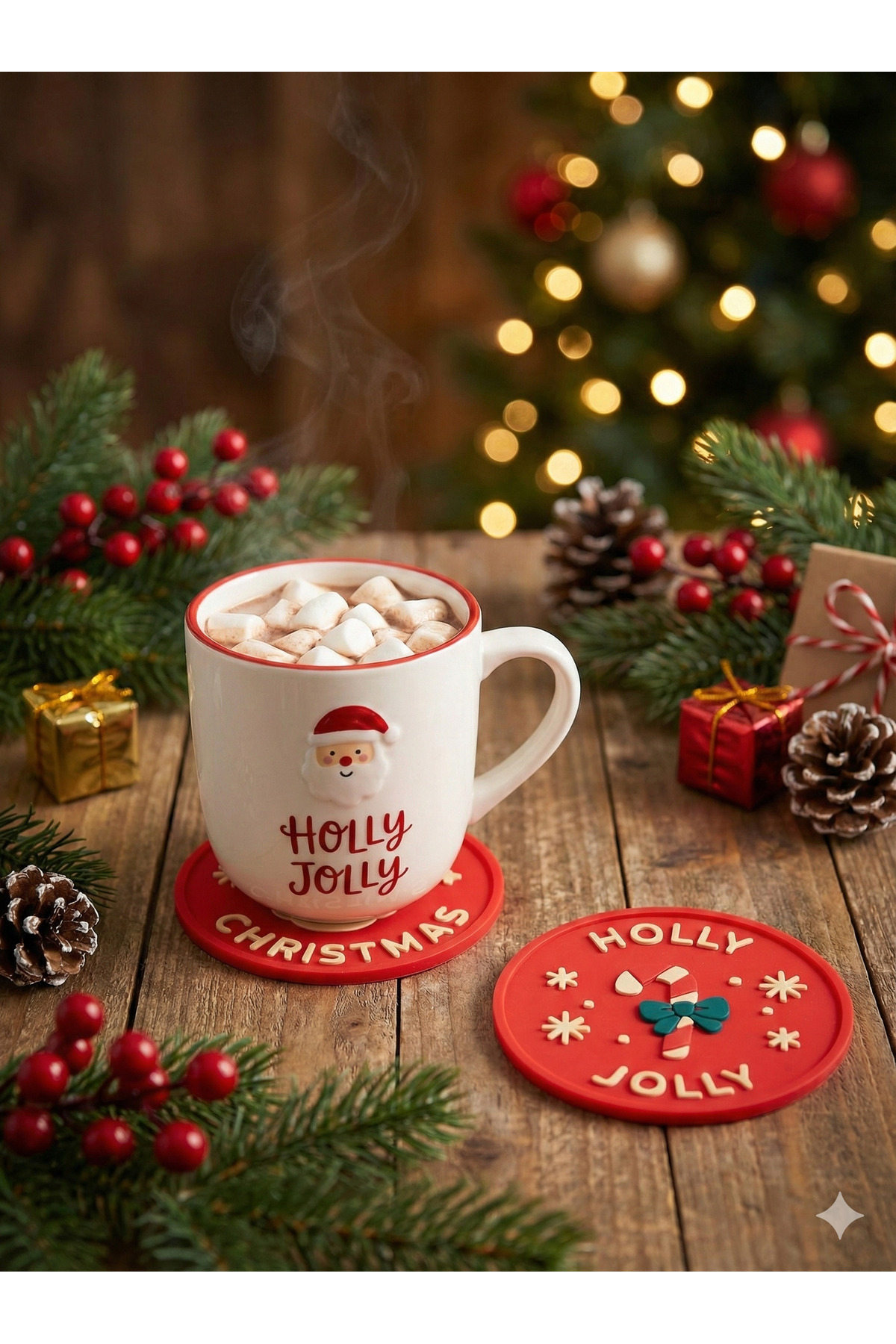 lovelytouches Soft PVC yuvarlak bardak altlığı 6’lı set (Yılbaşı Temalı)