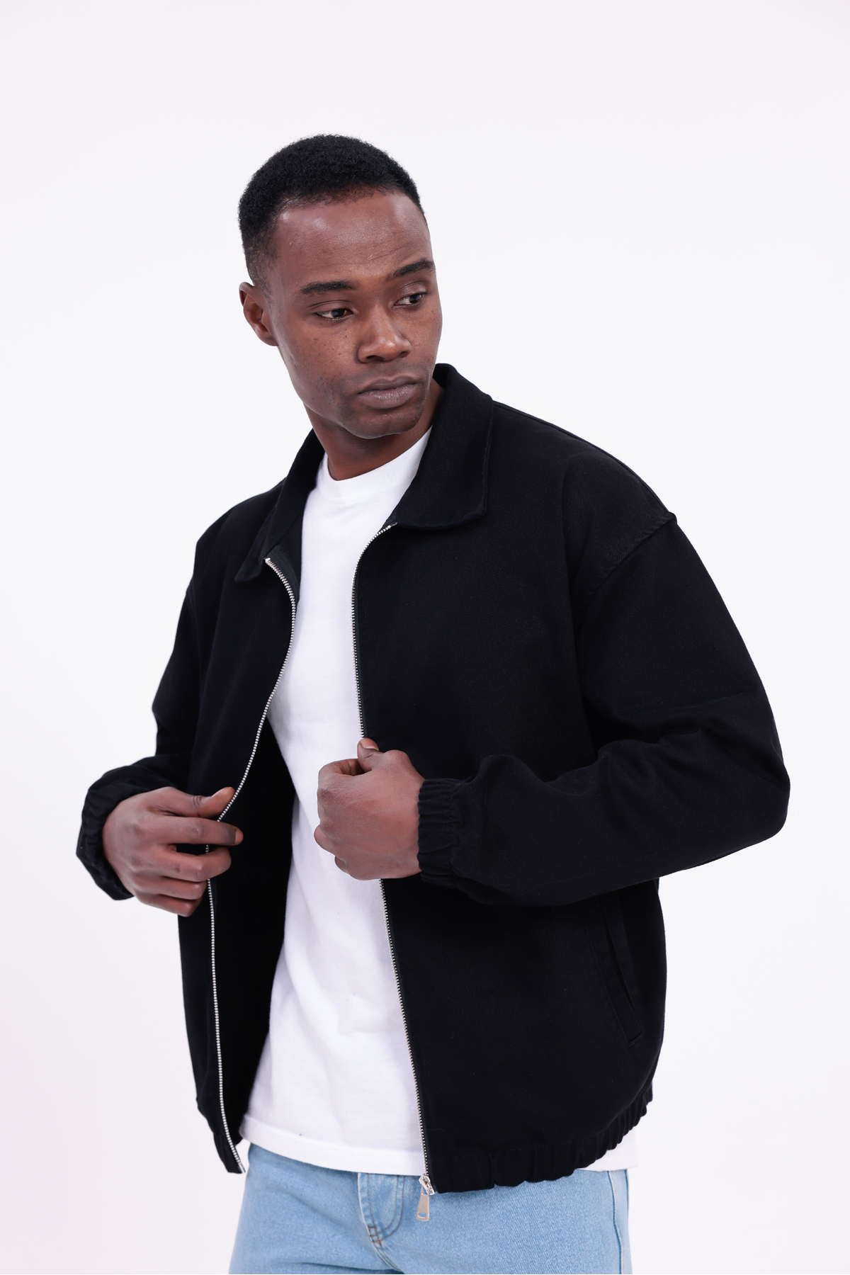 freemen  Erkek Basic Gabardin Kumaş Fermuarlı Oversize Mevsimlik Polo Yaka Siyah Ceket - Görsel 4