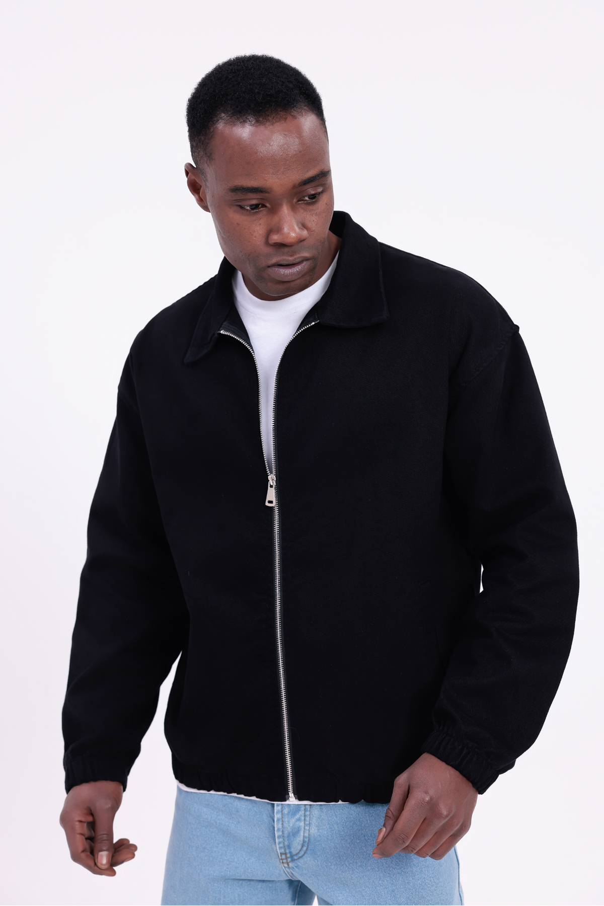 freemen  Erkek Basic Gabardin Kumaş Fermuarlı Oversize Mevsimlik Polo Yaka Siyah Ceket - Görsel 5