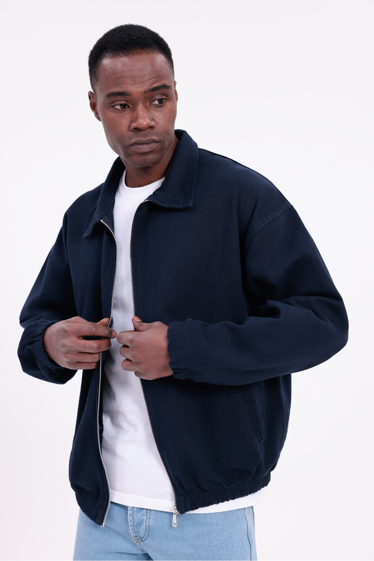 freemen  Erkek Basic Gabardin Kumaş Fermuarlı Oversize Mevsimlik Polo Yaka Lacivert Ceket - Görsel 3