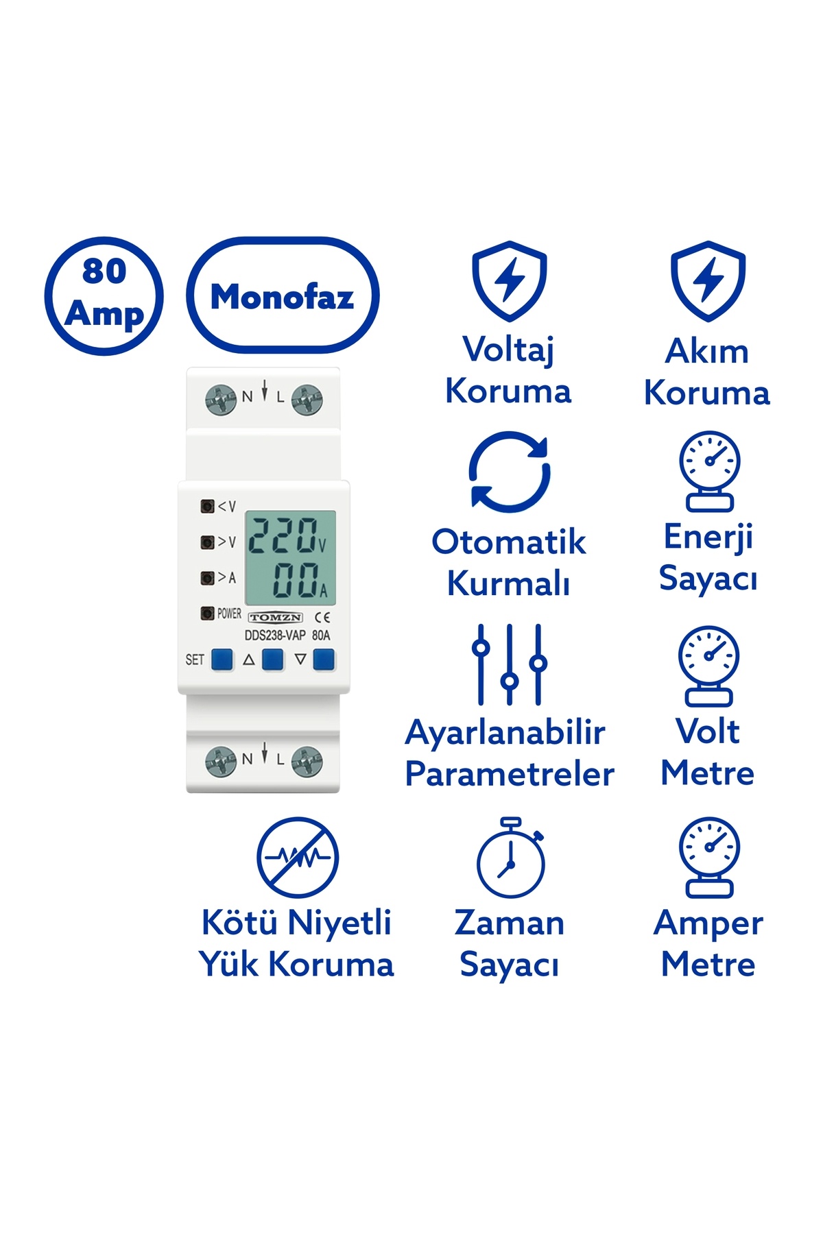 TOMZN Hiking Voltaj Akım Koruma Rölesi 80a Voltmetre Gerilim Akım Koruyucu Röle