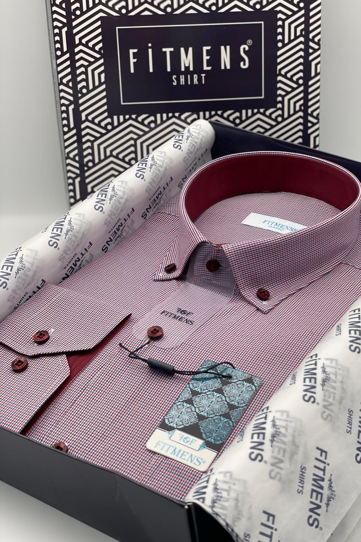 Classic Long Sleeve Plush Plaid Neck Buttoned Gift Boxed Men's Shirt FS-002273 - Burgundy