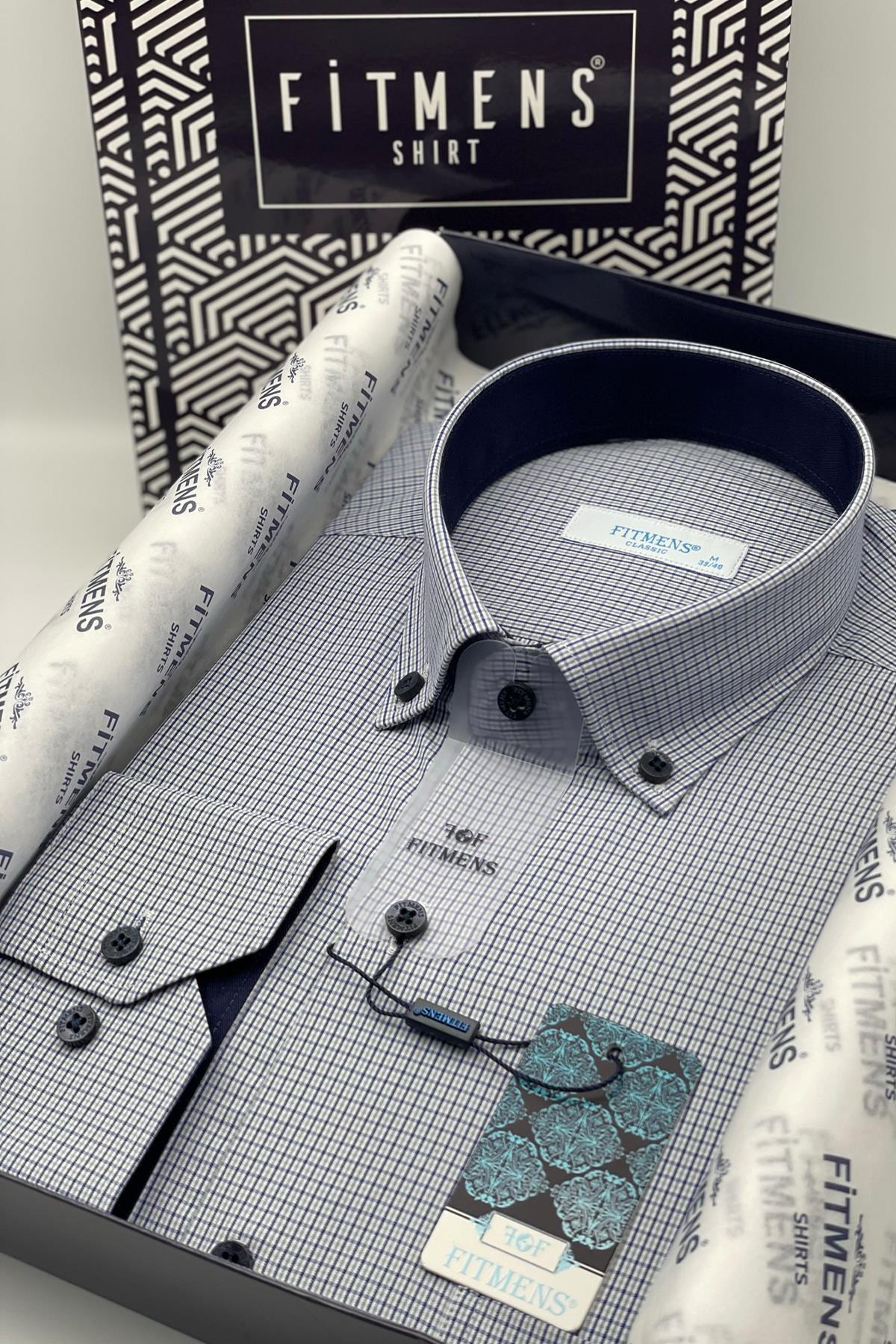 Classic Long Sleeve Plush Plaid Neck Buttoned Gift Boxed Men's Shirt FS-002273-Navy Blue
