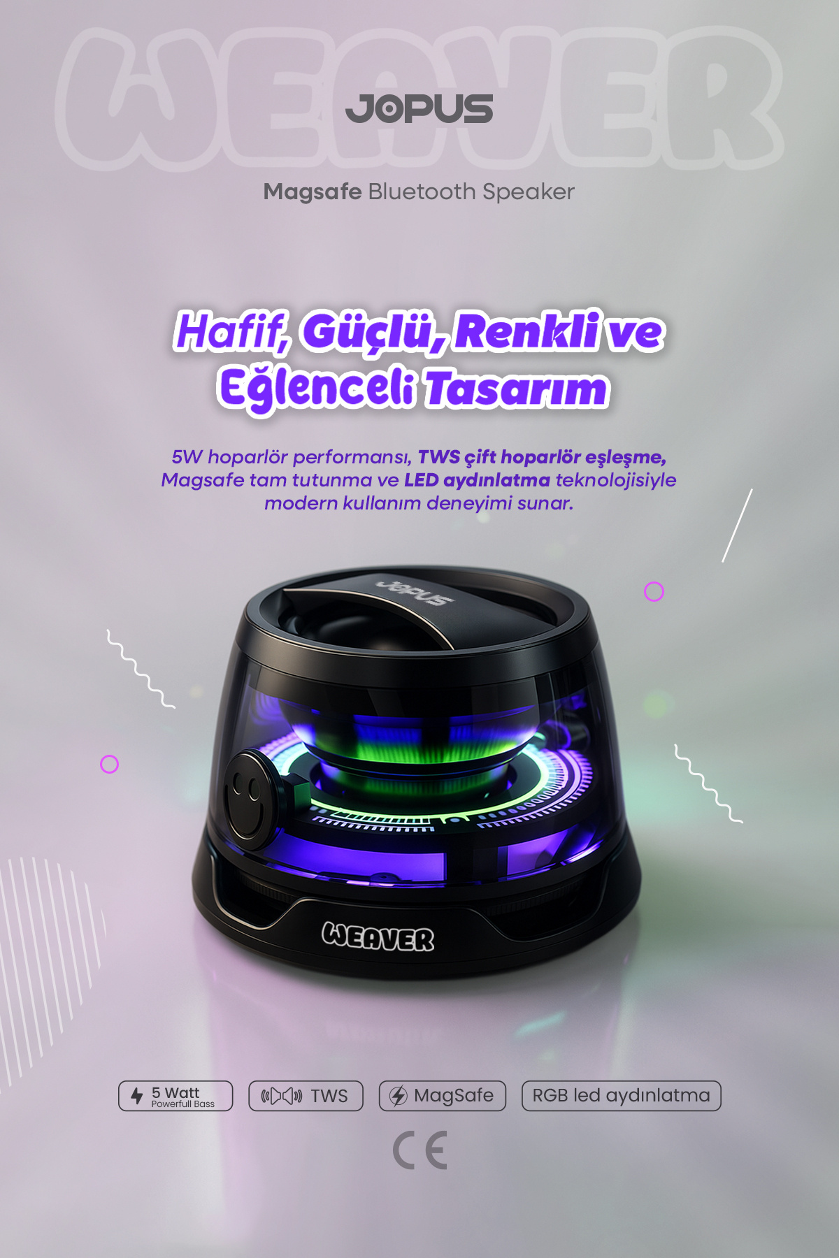 Jopus Weaver Magsafe Bluetooth Hoparlör, RGB Işık, 5W Güç, TWS Çift Eşleşme, Type-C Şarj