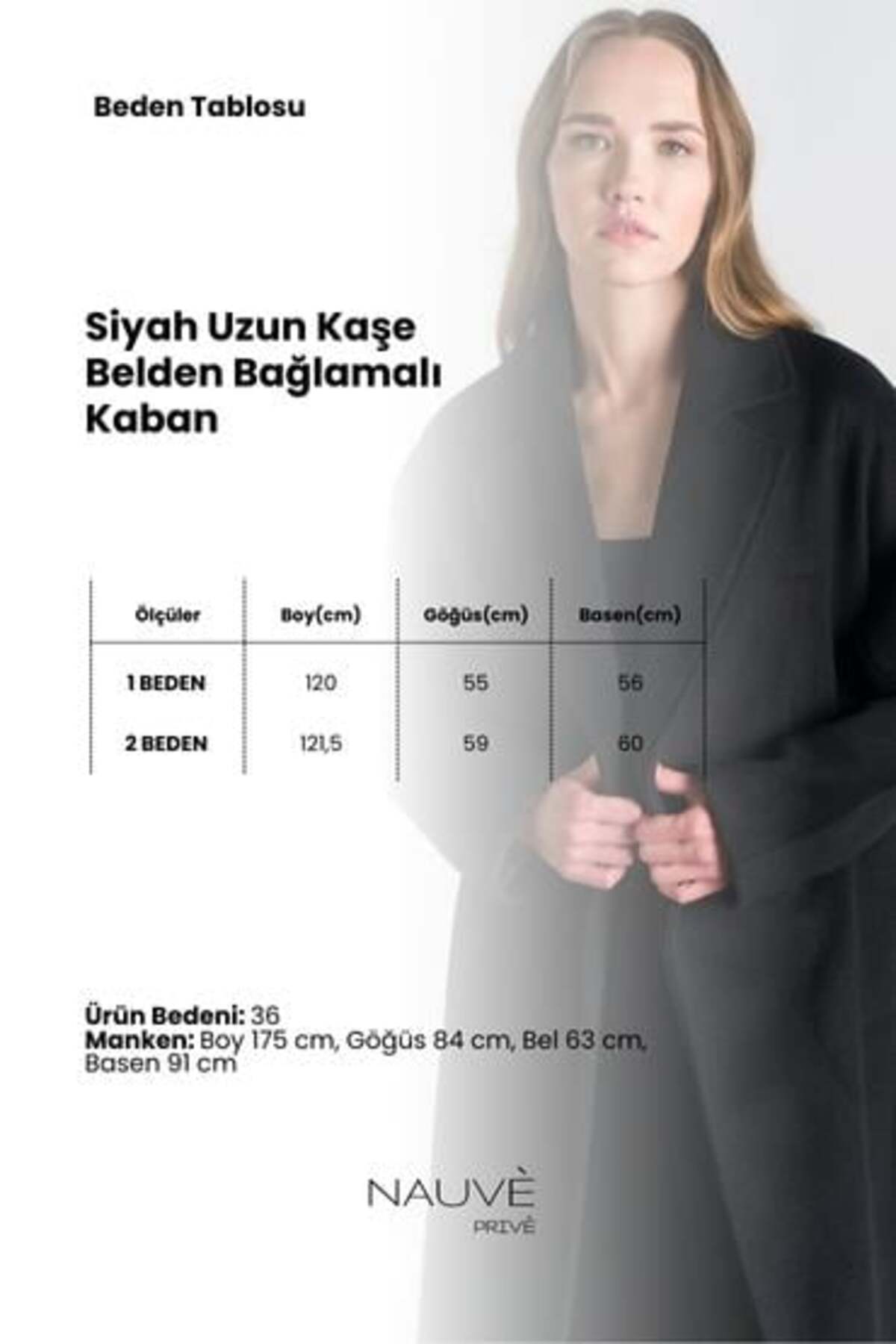 Nauve Prive Siyah Uzun Kaşe Belden Bağlamalı Kaban görsel 4