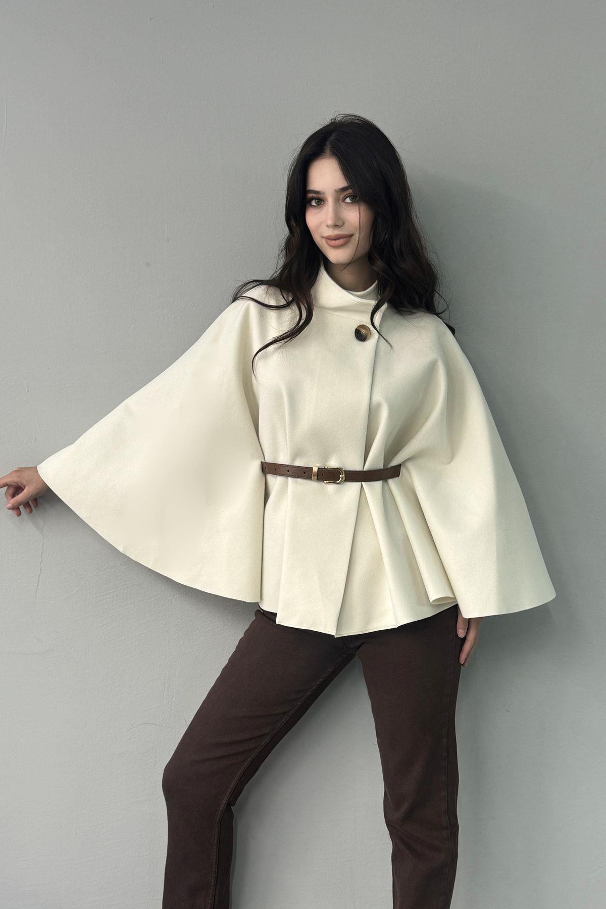 lizge giyim HAKİM YAKA KEMER DETAYLI KAŞE PANÇO