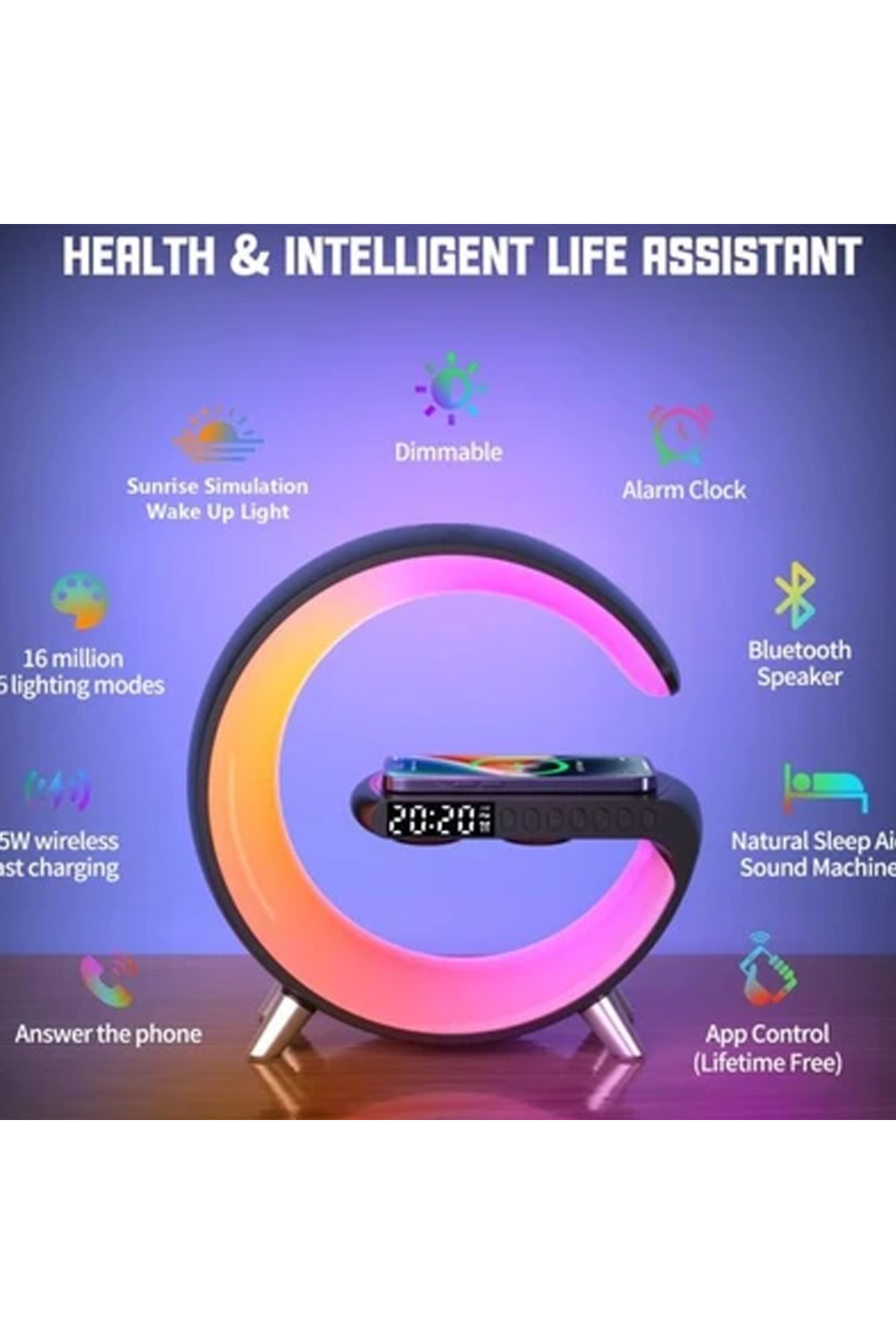 Resim ArtworkAnatolia Sr-s10 Kablosuz Şarj Standı Rgb Ledli Dijital Saatli Alarmlı Radyolu Bluetooth Hoparlör 