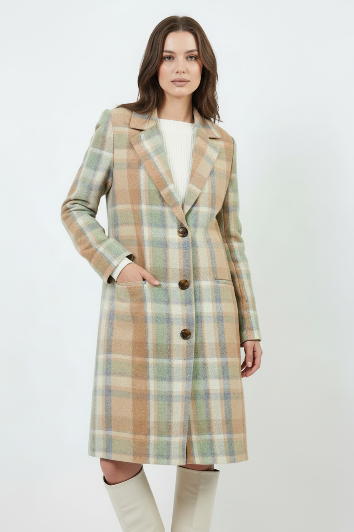 Volanlı  Ekose Desenli Palto