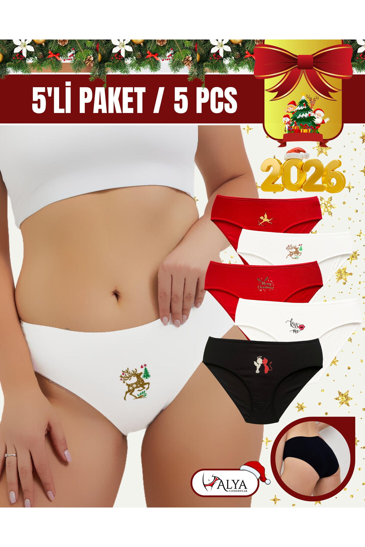 ALYA UNDERWEAR Kadın Kırmızı Slip Külot, Yeniyıl Temalı Baskılı Kırmızı Pamuklu Iç Çamaşırı - 5'li Paket