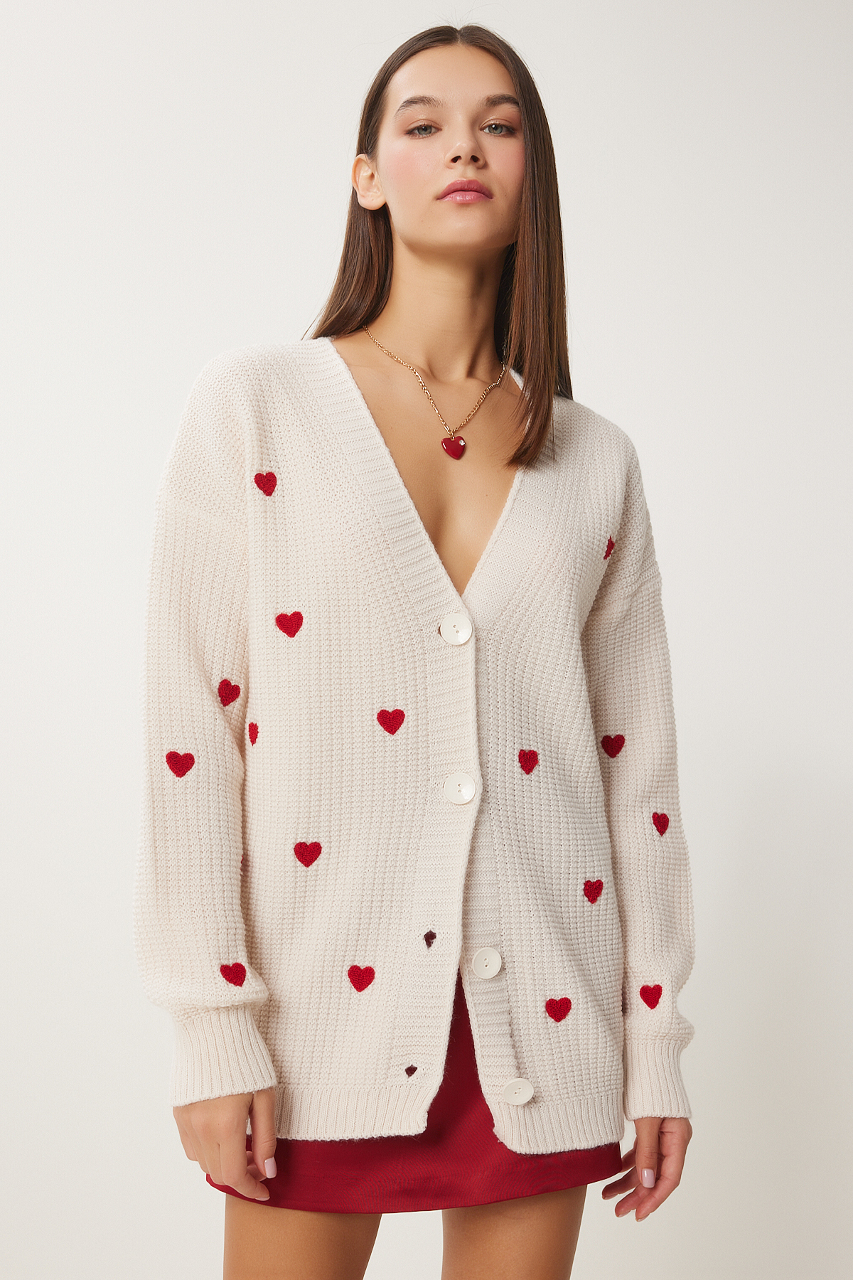 Lovelyİstanbul Heart Textured Long Knitwear Cardigan Cream Lkg0009 Lovelyİstanbul Heart Textured Long Knitwear Cardigan Cream Lkg0009