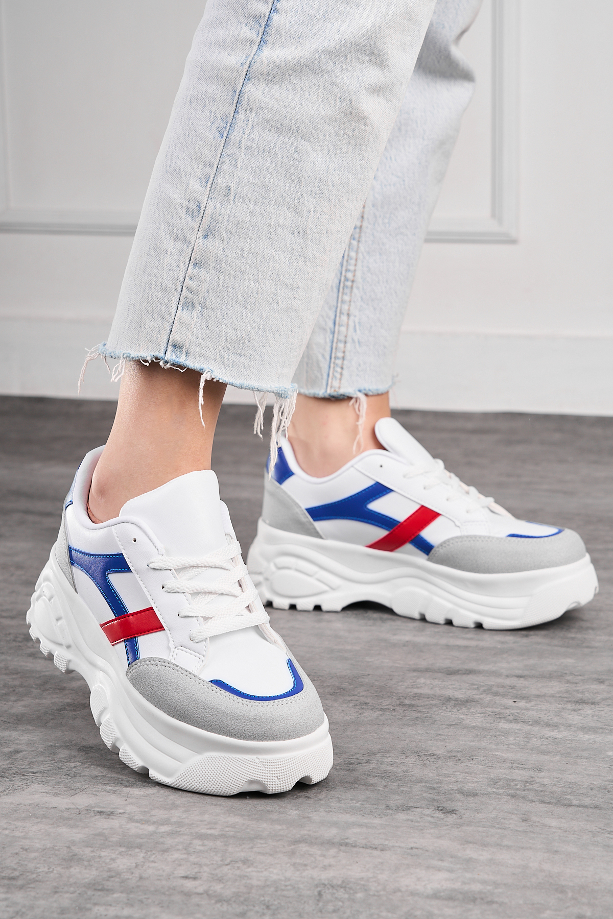 Casual Women's Stone Red Blue Sneaker Thick High Sole Comfortable Tiger Striped Sports Shoes with Laces