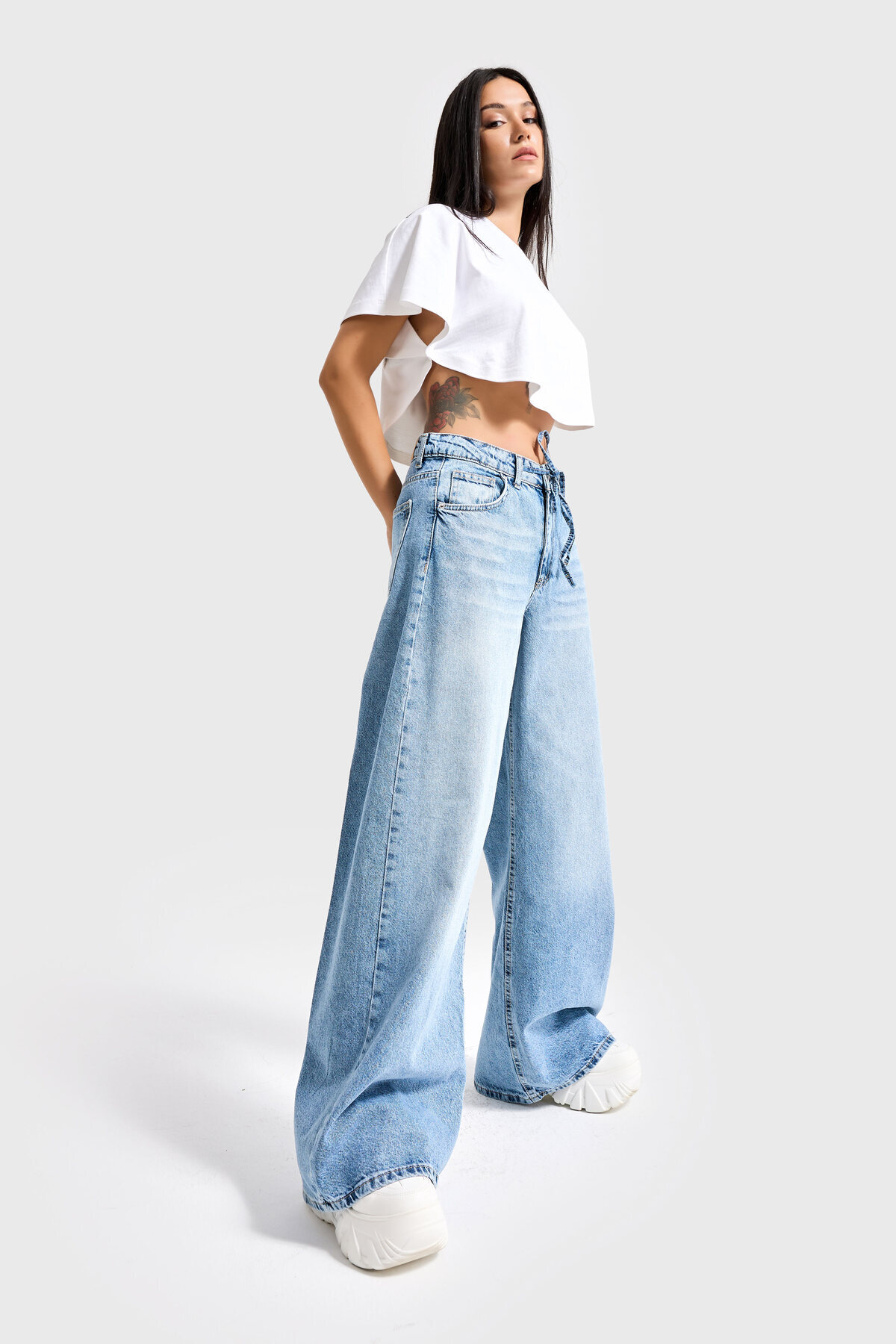 it's basic  Kadın Kot Rengi 4S527 Süper Palazzo Fit Bağcıklı %100 Koton Denim Jean - Görsel 5