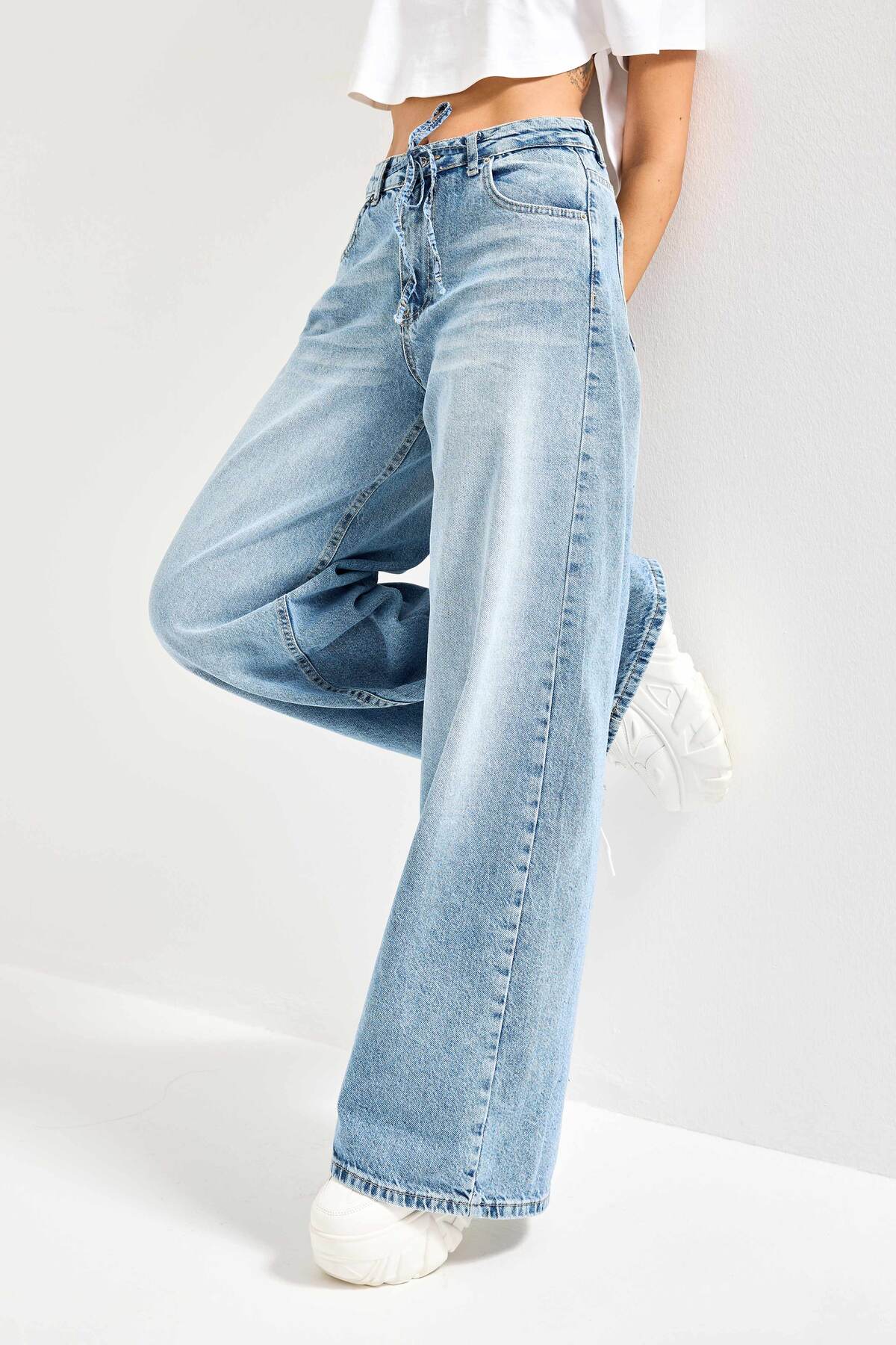 it's basic  Kadın Kot Rengi 4S527 Süper Palazzo Fit Bağcıklı %100 Koton Denim Jean - Görsel 4