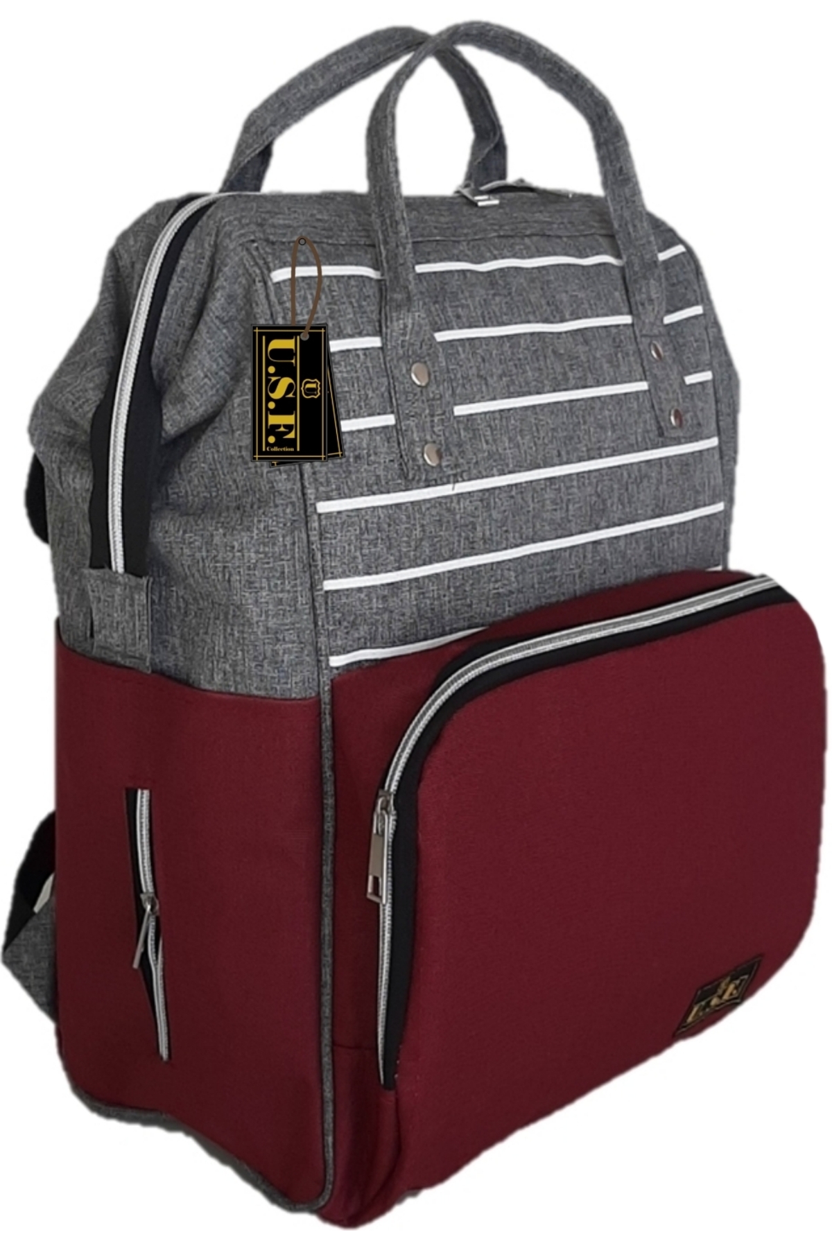 USF Unisex Bordo Gri Çizgili Bebek Bakım Çantası Ve Portbebe Ana Kucağı Puset fotoğrafı 6 (önizleme)