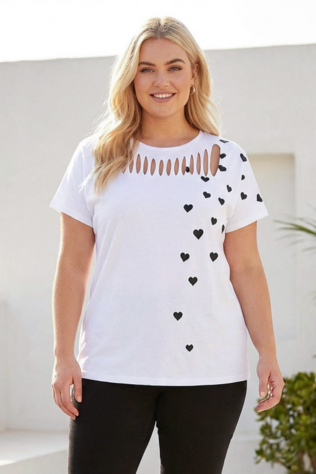 Stil Diva Büyük Beden Kısa Kollu Bisiklet Yaka Baskılı T-shirt 304345