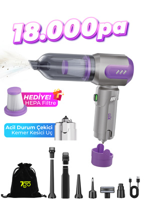 7GO AHV-14 2'si 1 Arada Kablosuz Araç İçi Süpürge Mor | 18000PA Güçlü Vakum +...