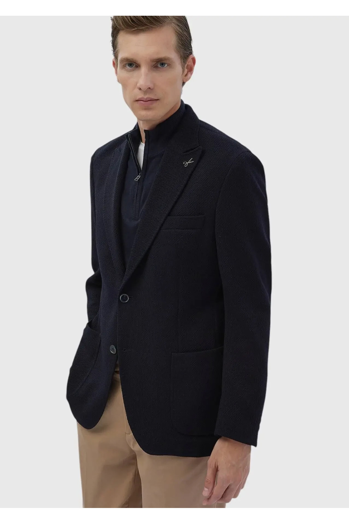 Ramsey  Lacivert Desenli Shirt Shoulder Slim Fit Yün Karışımlı Örme Ceket - Görsel 4