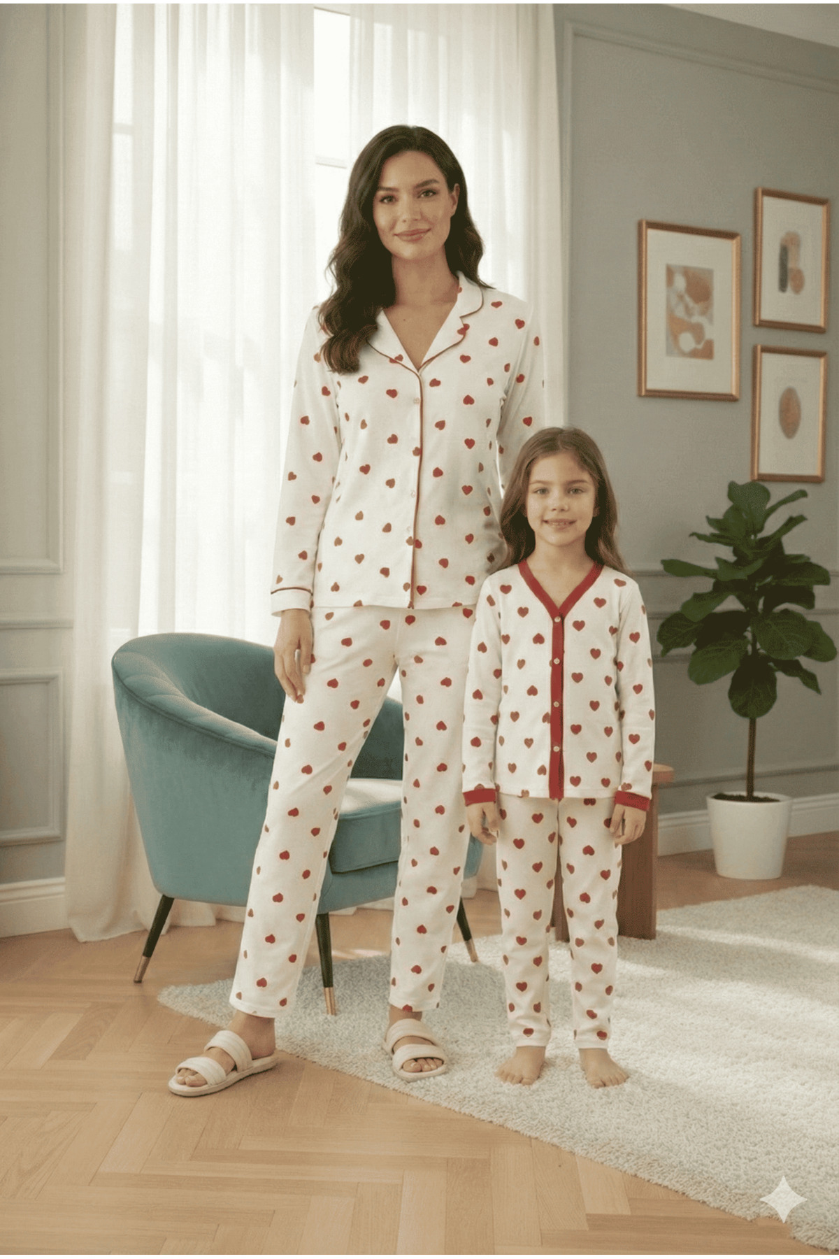 LİVE SPORT Anne-kız (KOMBİNİ KENDİNİZ YAPIYORSUNUZ) Kırmızı Kalp Desenli %100 Pamuk Örme Pijama Takımı fotoğrafı 6 (önizleme)