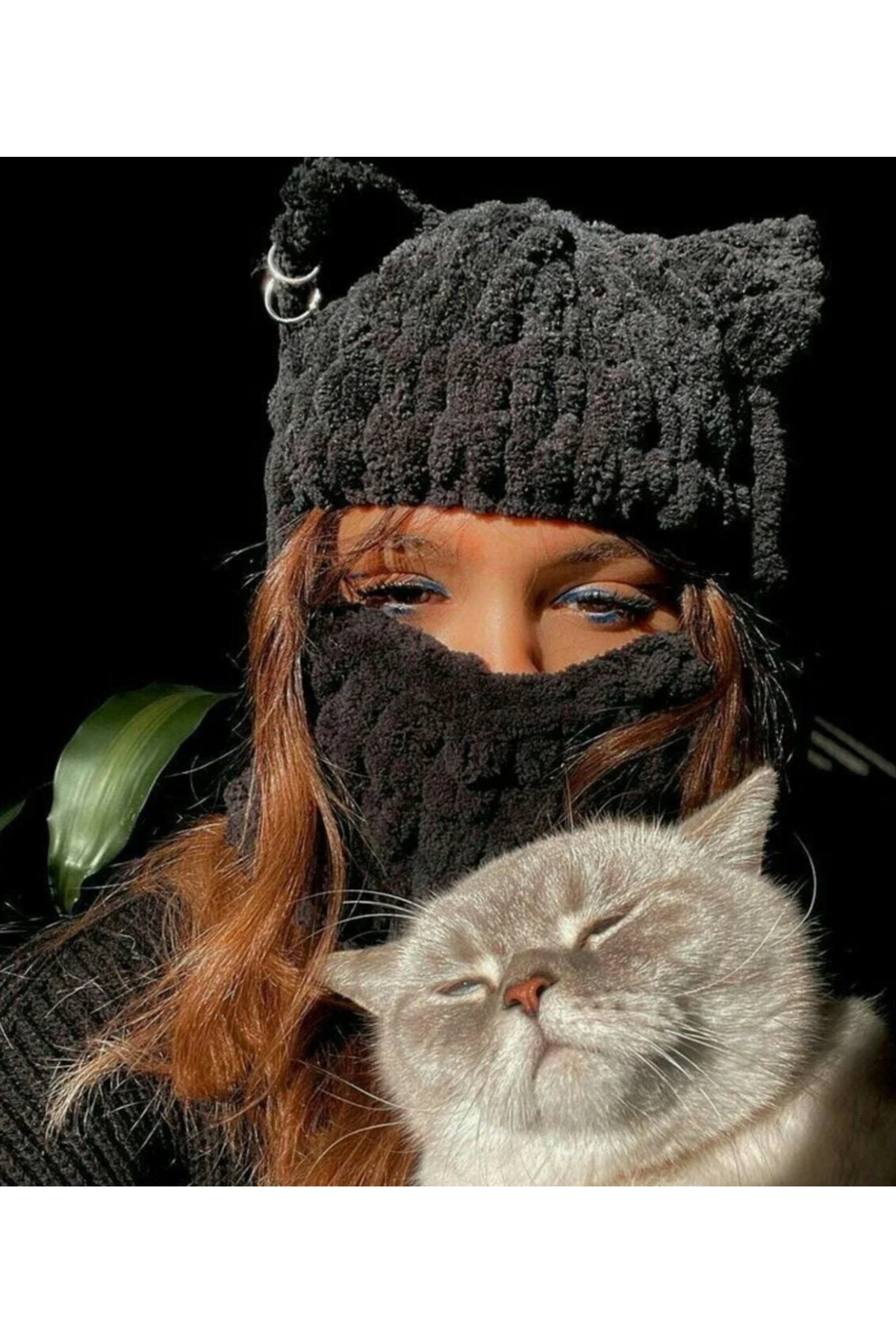 Genel Markalar Siyah Puffy Kar Maskesi, Yeni Trend, Bere , Yeni Moda , El Yapımı,balaclava