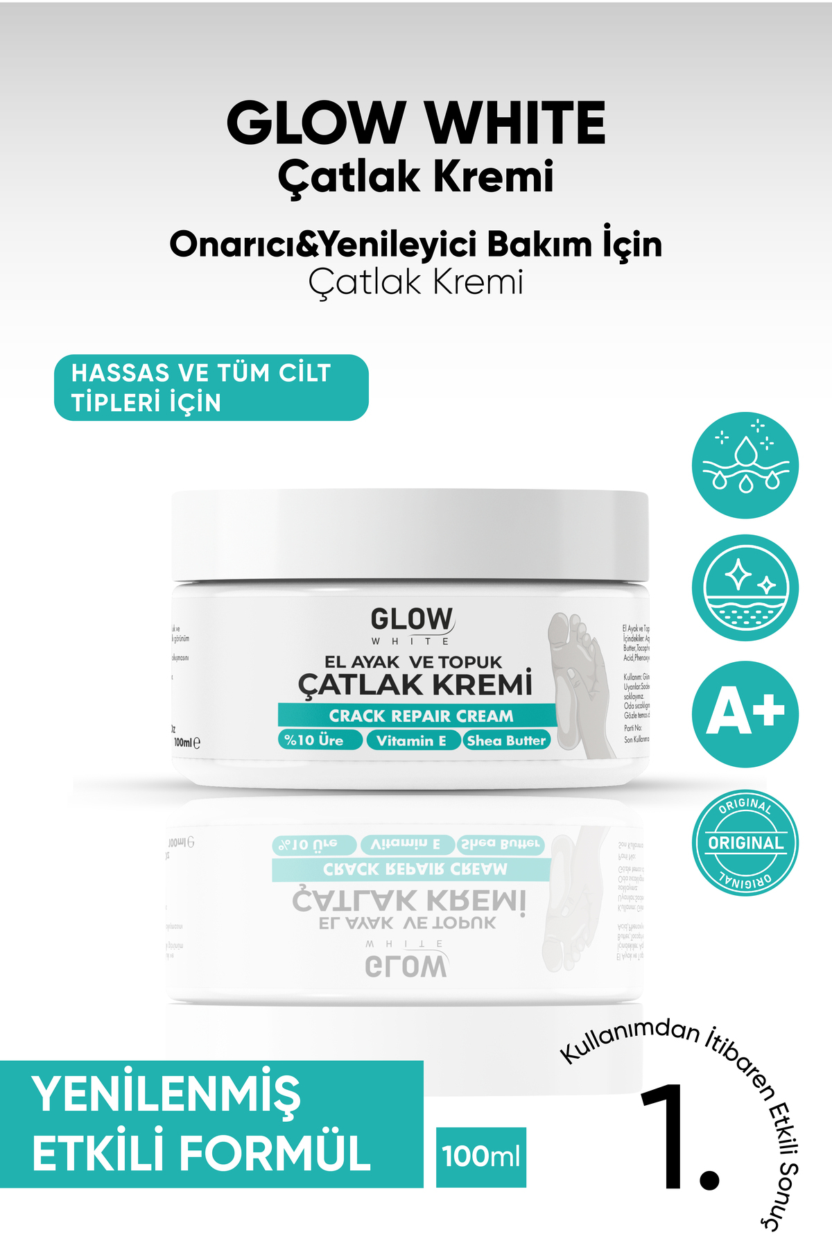 GLOW WHITE کرم دست، پا و پاشنه ۱۰٪ اوره - مراقبت مرطوب کننده و ترمیم کننده قوی (۱۰۰ میلی لیتر) - G-AYAKCATLAK-1