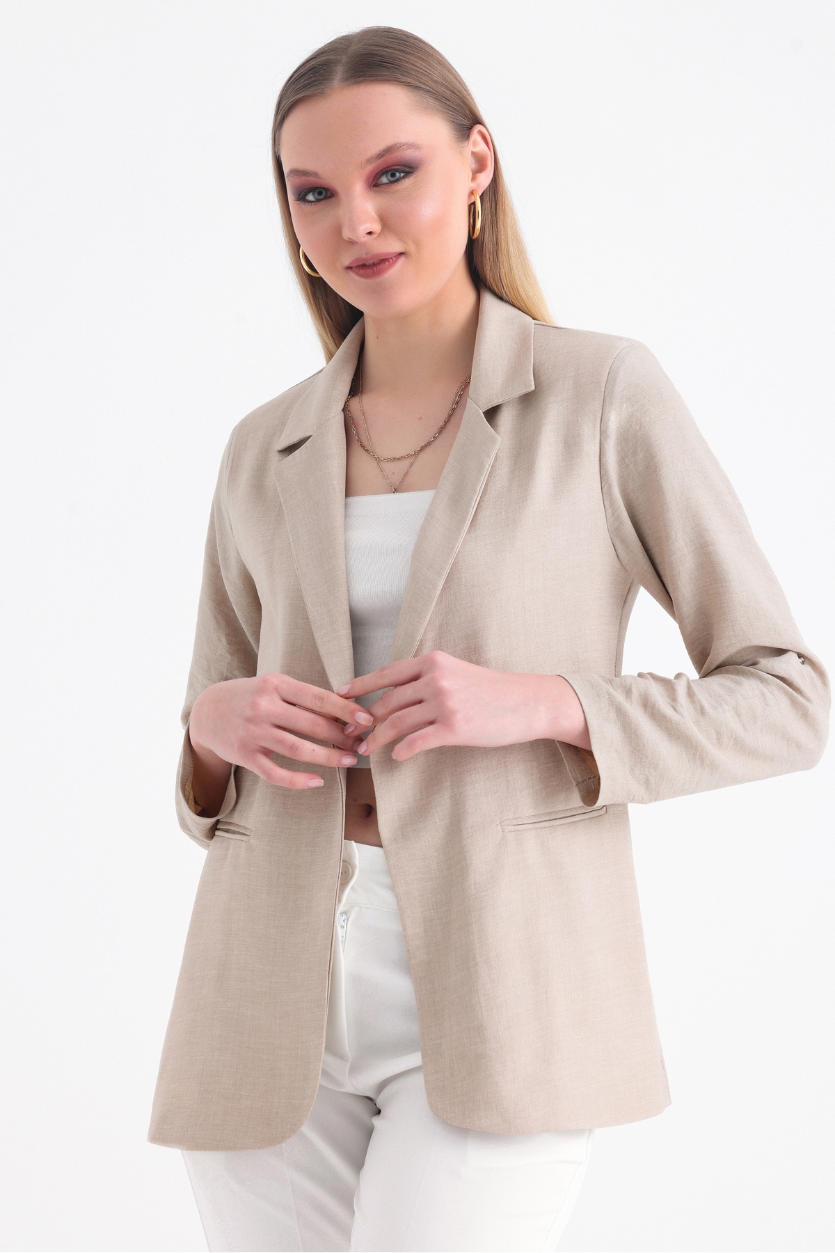 MD trend  Kadın Kolu Katlanabilir Astarlı Kruvaze Blazer Keten Ceket - Görsel 2