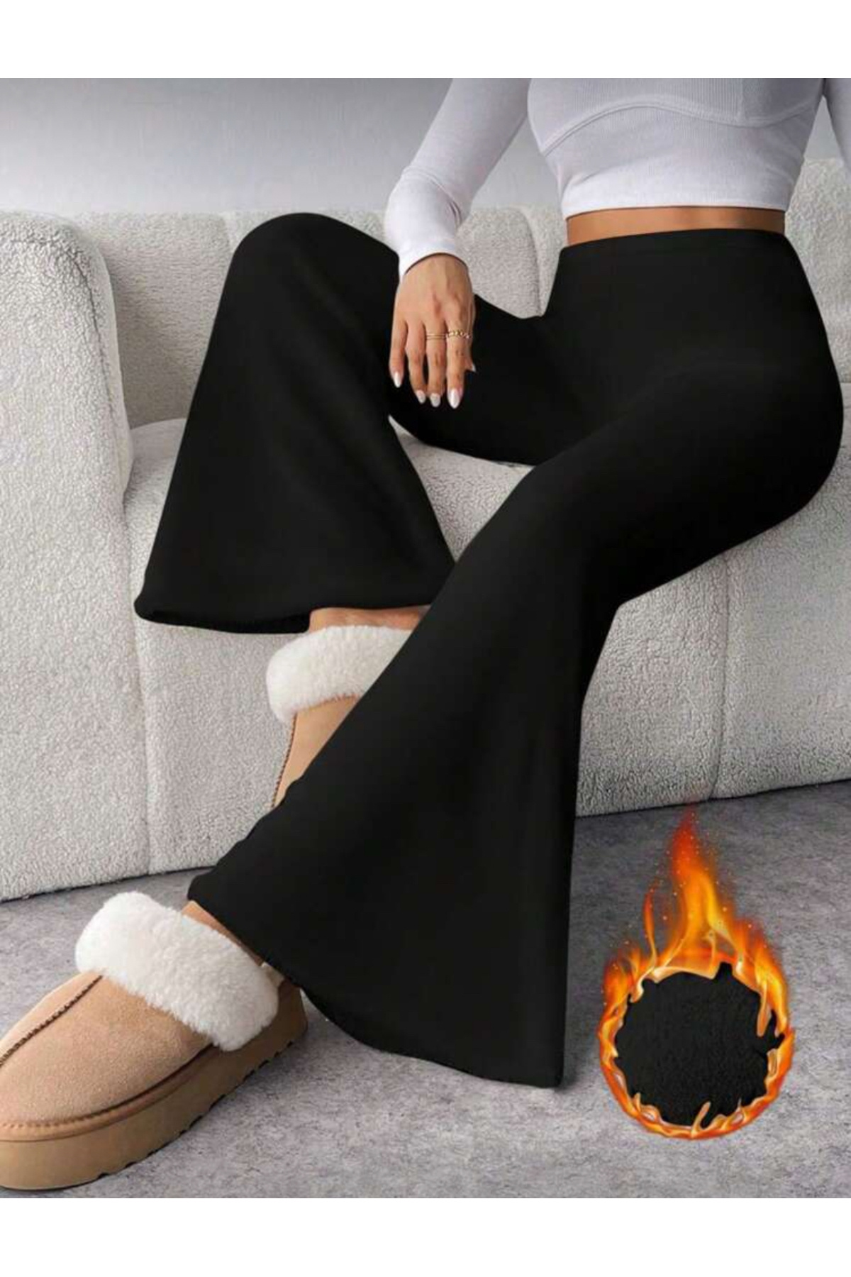 LUVIENNA Siyah Yüksek Bel İçi Polarlı Paça Geniş Eşofman Tayt