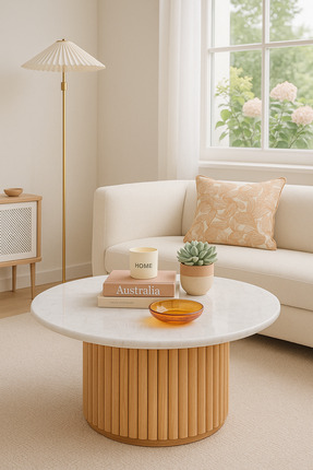 ERİZA Nare, Yeni Nesil Modern Yuvarlak Ekru & Natural Ahşap Orta Sehpa