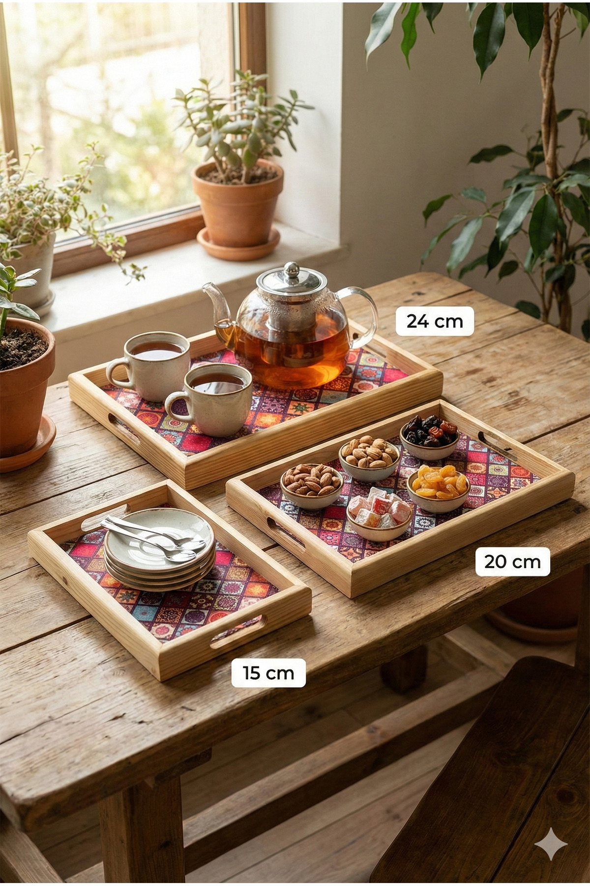 3-Piece Bamboo Tray Set Patterned Wooden Tea and Coffee Serving Tray 15-20-24 cm